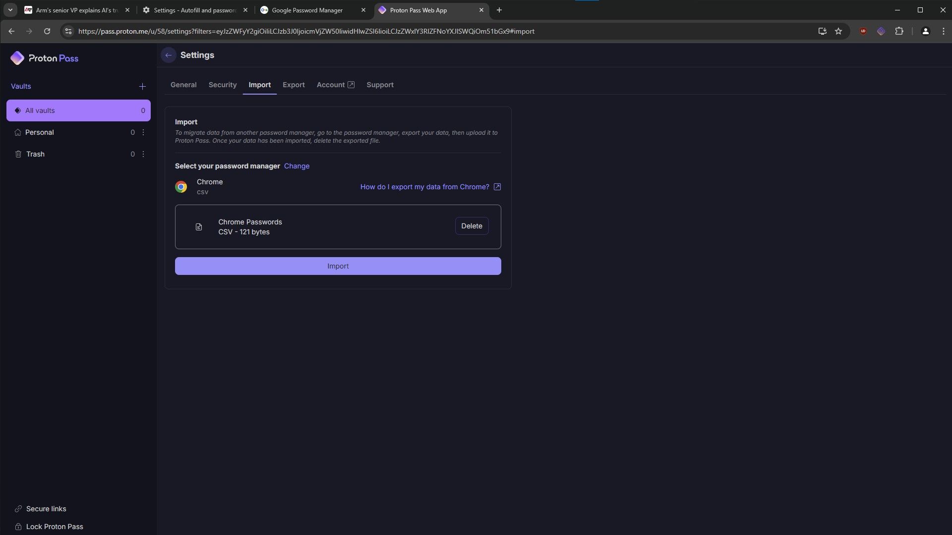 Ảnh chụp màn hình quá trình import mật khẩu Chrome vào Proton Pass