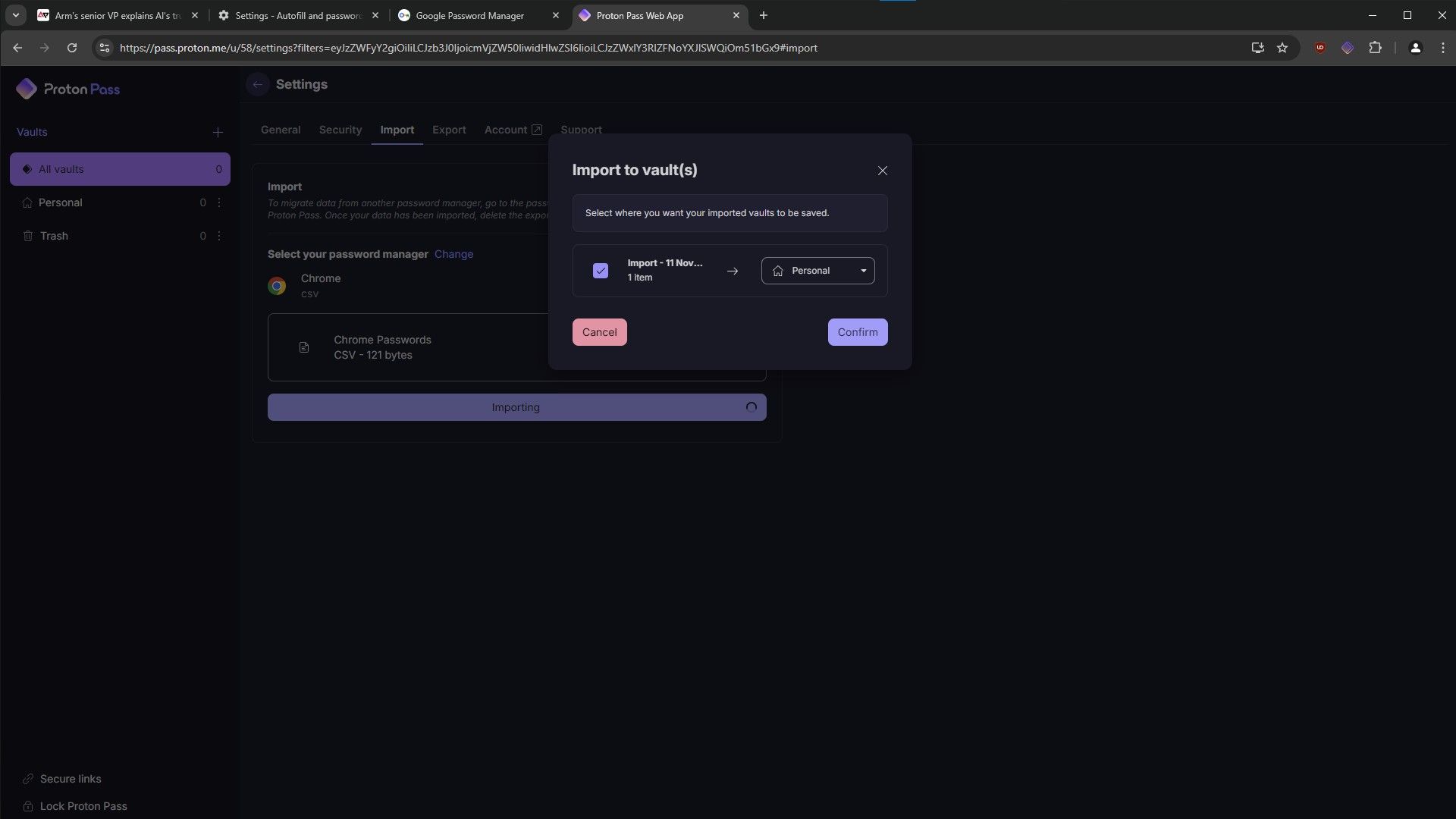 Ảnh chụp màn hình quá trình import mật khẩu Chrome vào Proton Pass