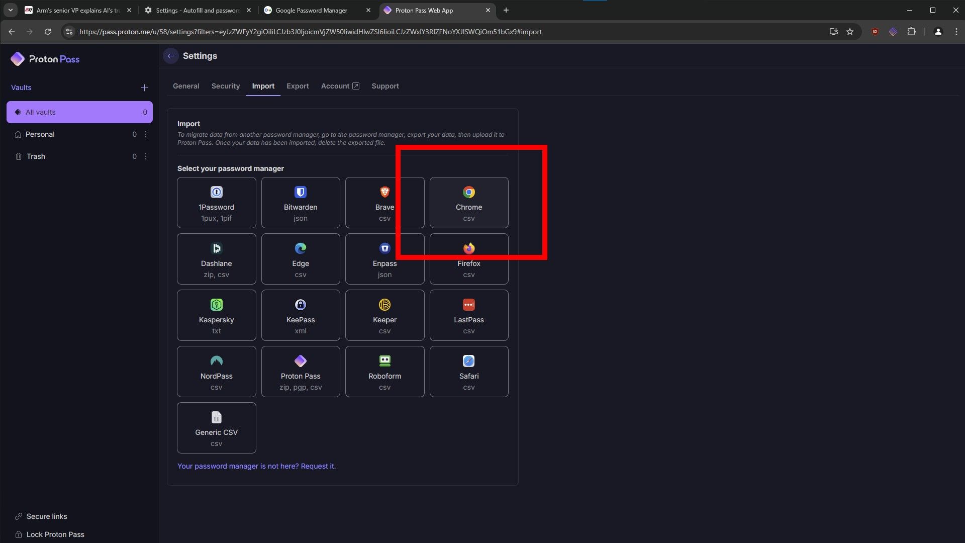Ảnh chụp màn hình quá trình import mật khẩu Chrome vào Proton Pass