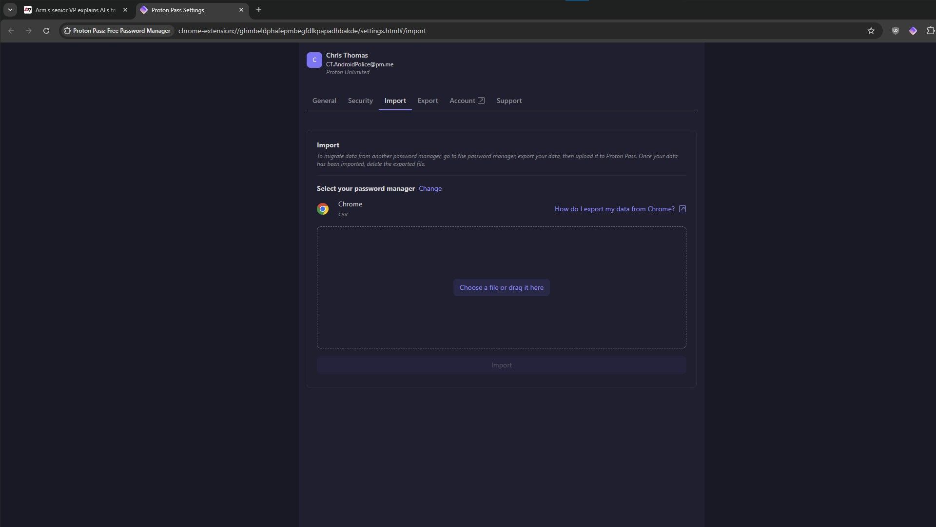 Ảnh chụp màn hình quá trình import mật khẩu Chrome vào Proton Pass