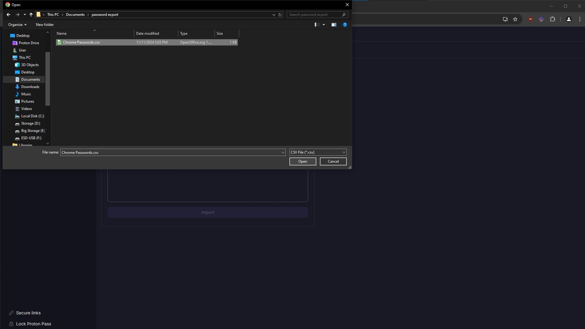 Ảnh chụp màn hình quá trình import mật khẩu Chrome vào Proton Pass