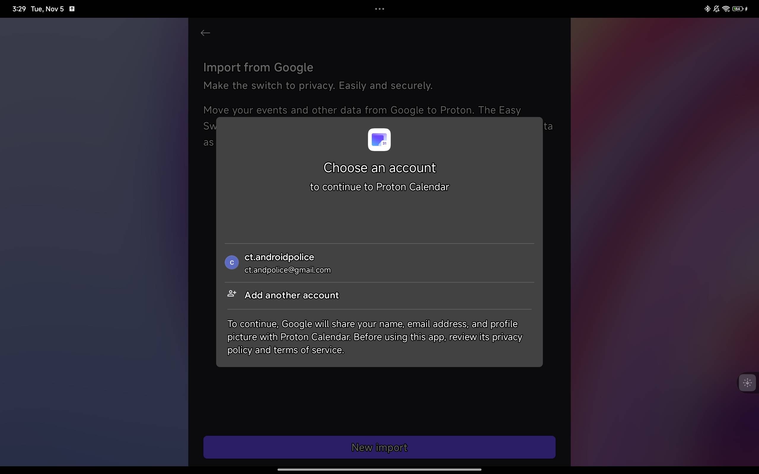 A screenshot of importing Google Calendar to Proton Calendar using the app