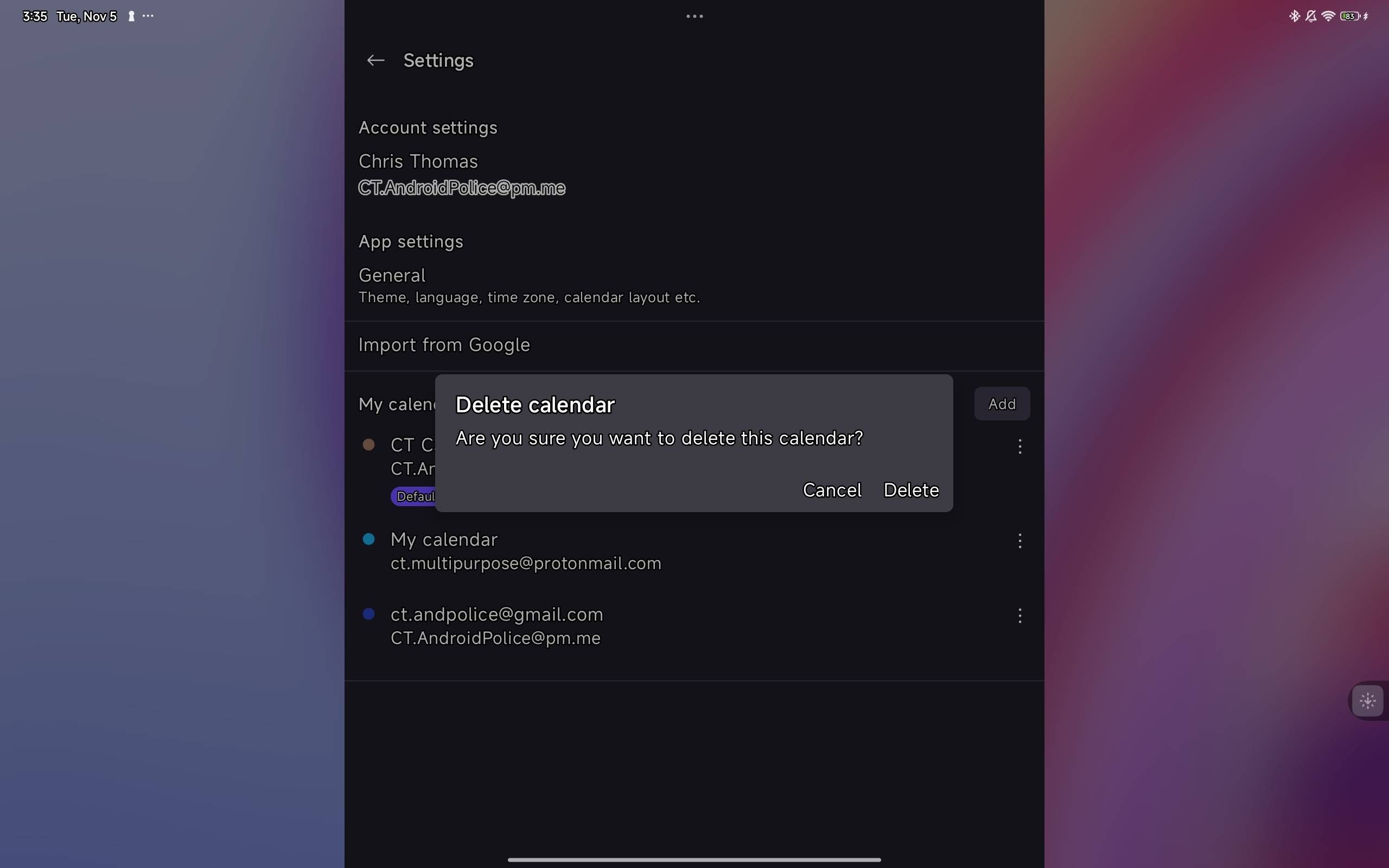 A screenshot of deleting your Google Calendar from Proton Calendar using the app