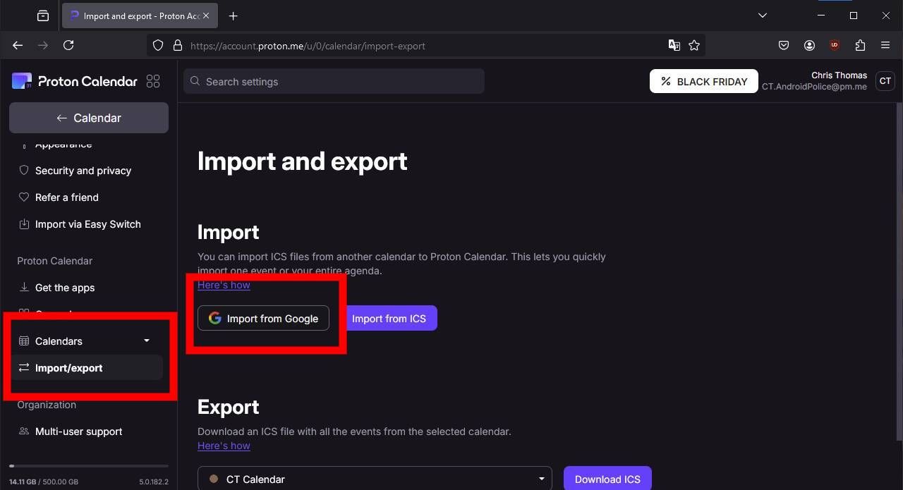 A screenshot of importing Google Calendar to Proton Calendar using the web interface