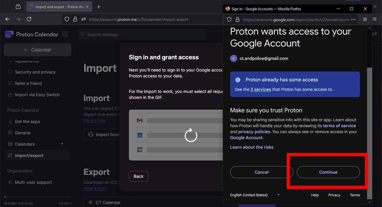 A screenshot of importing Google Calendar to Proton Calendar using the web interface
