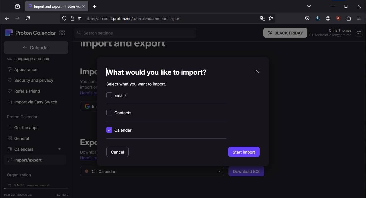 A screenshot of importing Google Calendar to Proton Calendar using the web interface