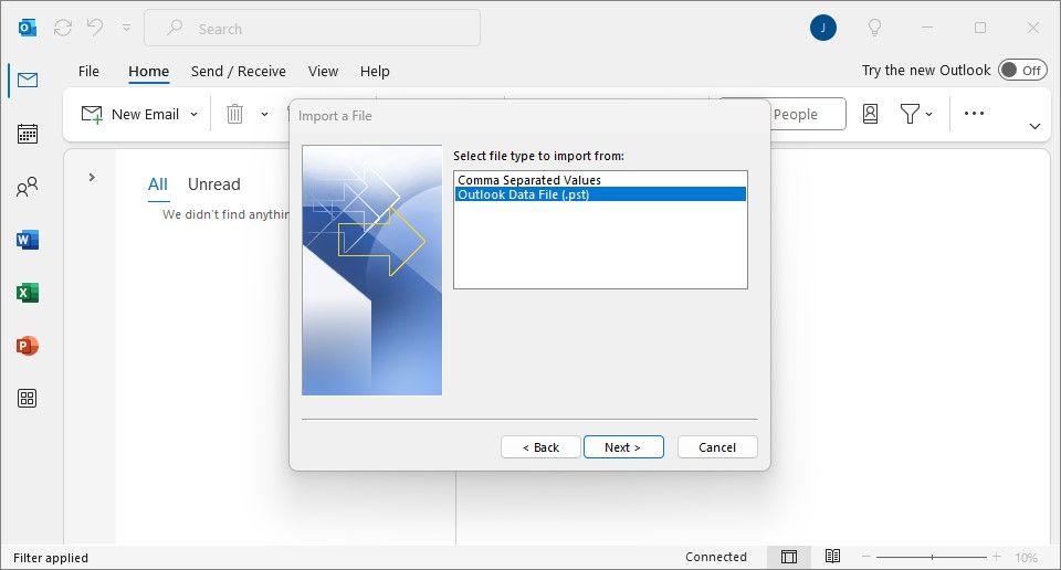 import pst file wizard in outlook desktop client