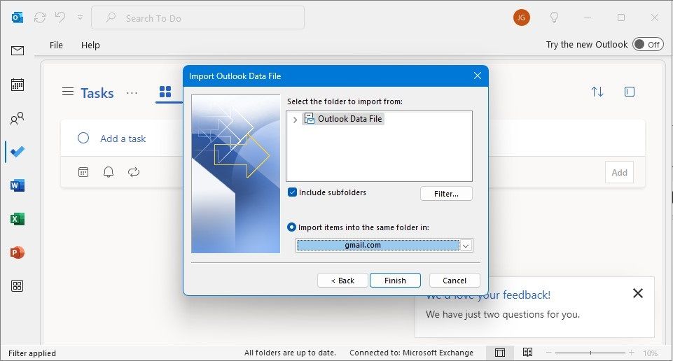 outlook pst file import wizard location selection