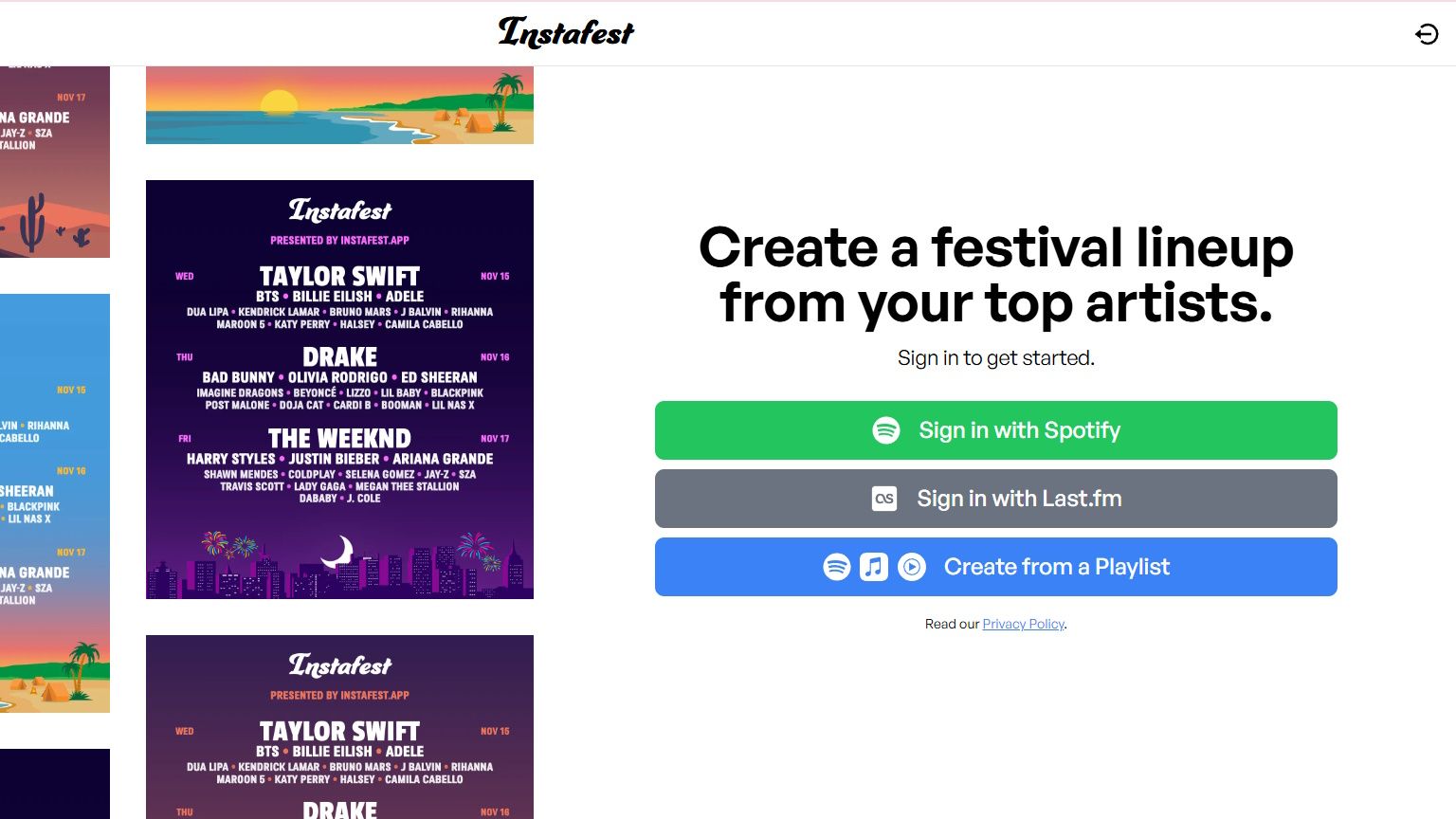 Instafest main web app showing connected platforms and sign in buttons