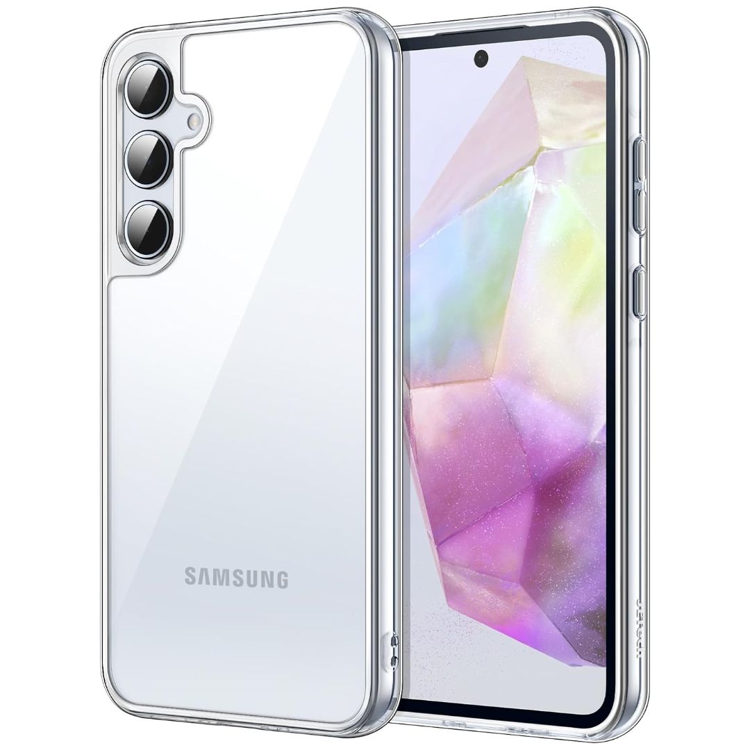 A transparent case on a white smartphone on a white background