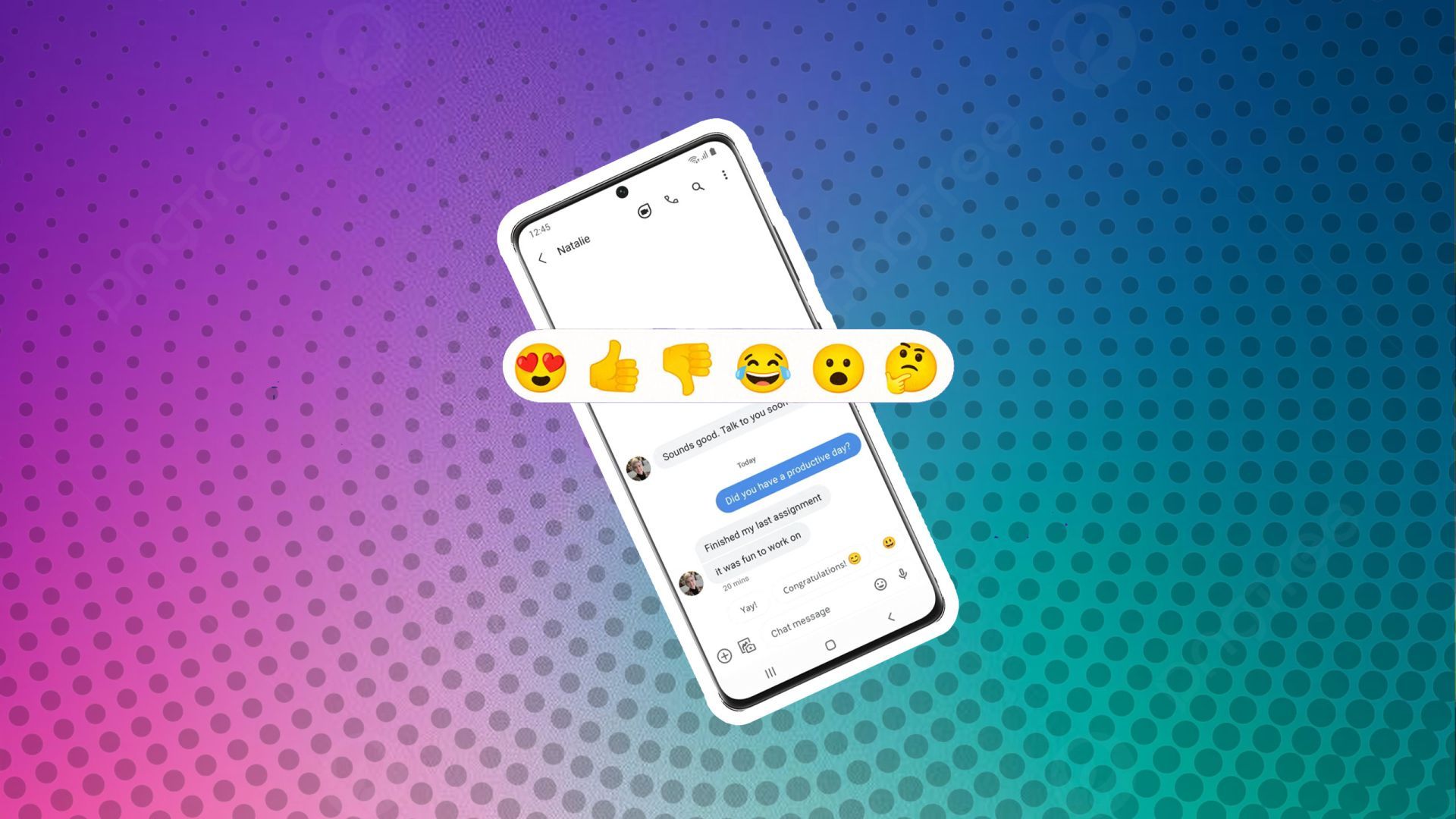 An Android phone showing text messages with an array of emojis in the foreground