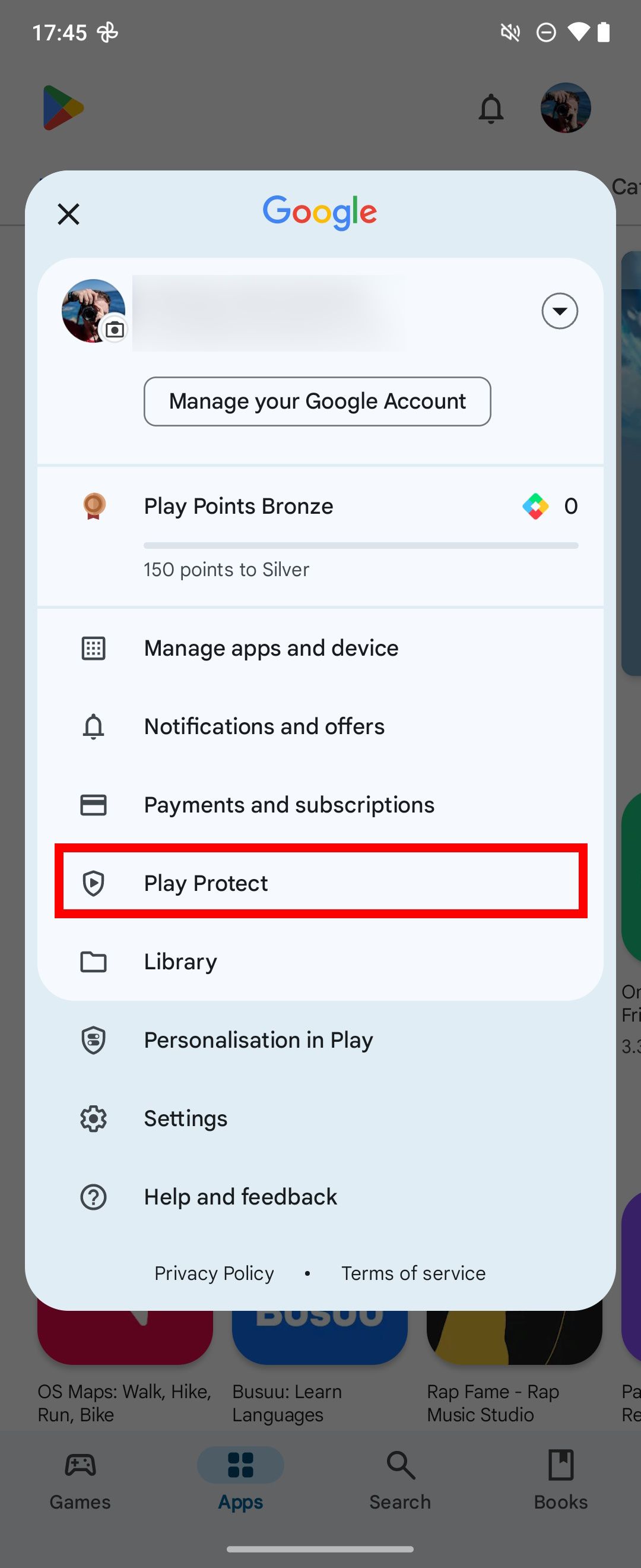 Red rectangle outline highlighting Play Protect in Google account