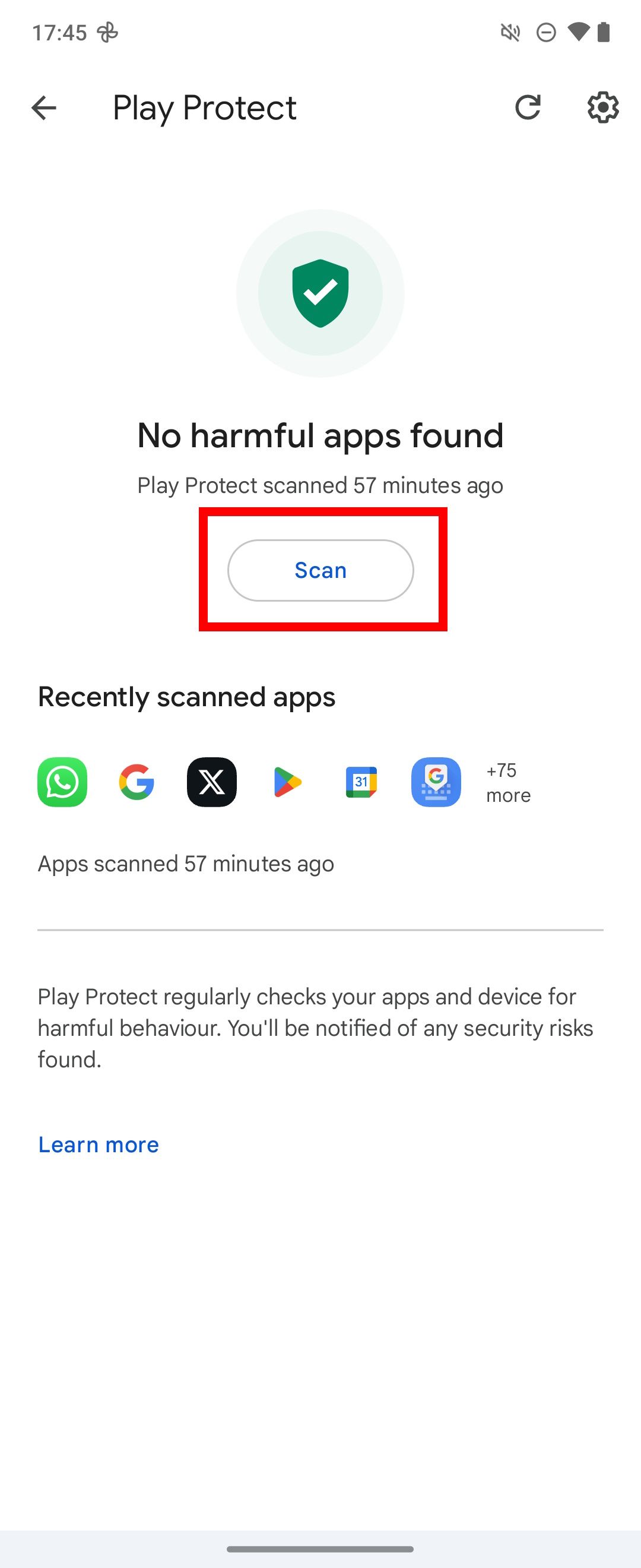 Red rectangle outline highlighting Scan button in Play Protect