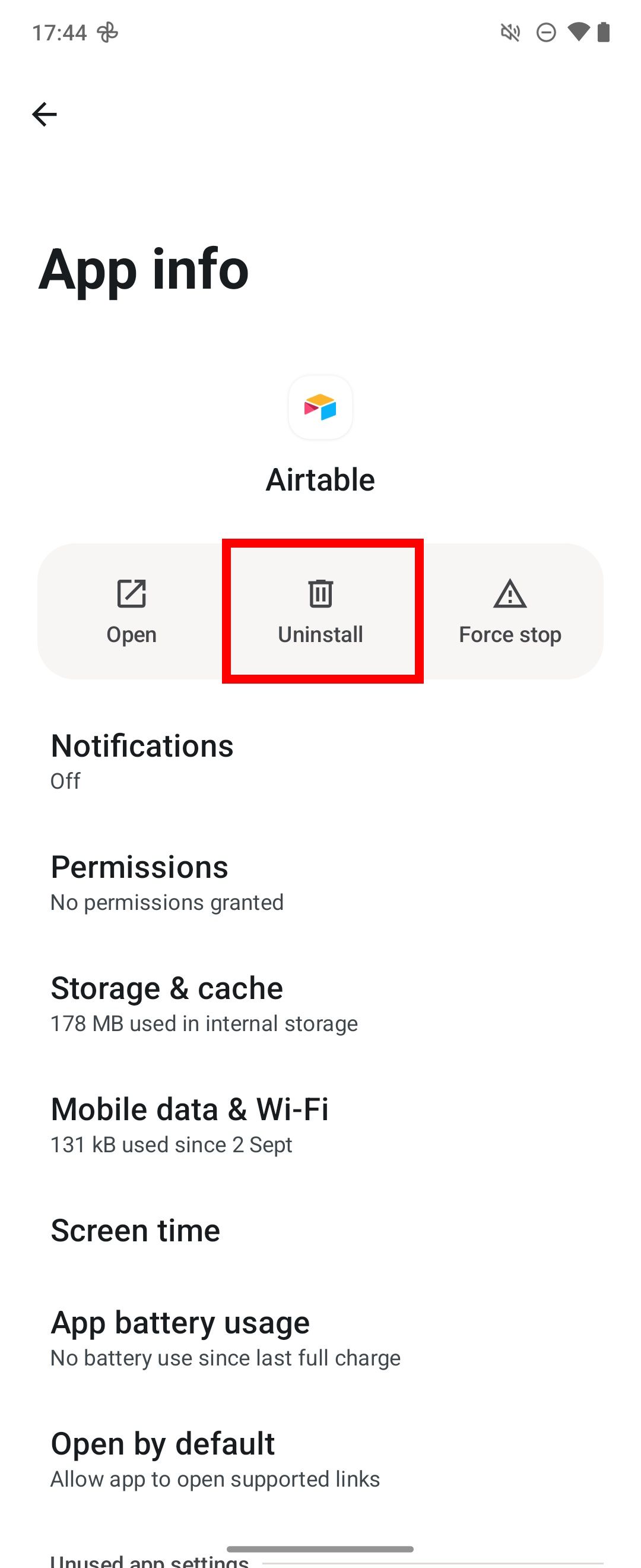 Red rectangle outline highlighting Uninstall button for AirTable