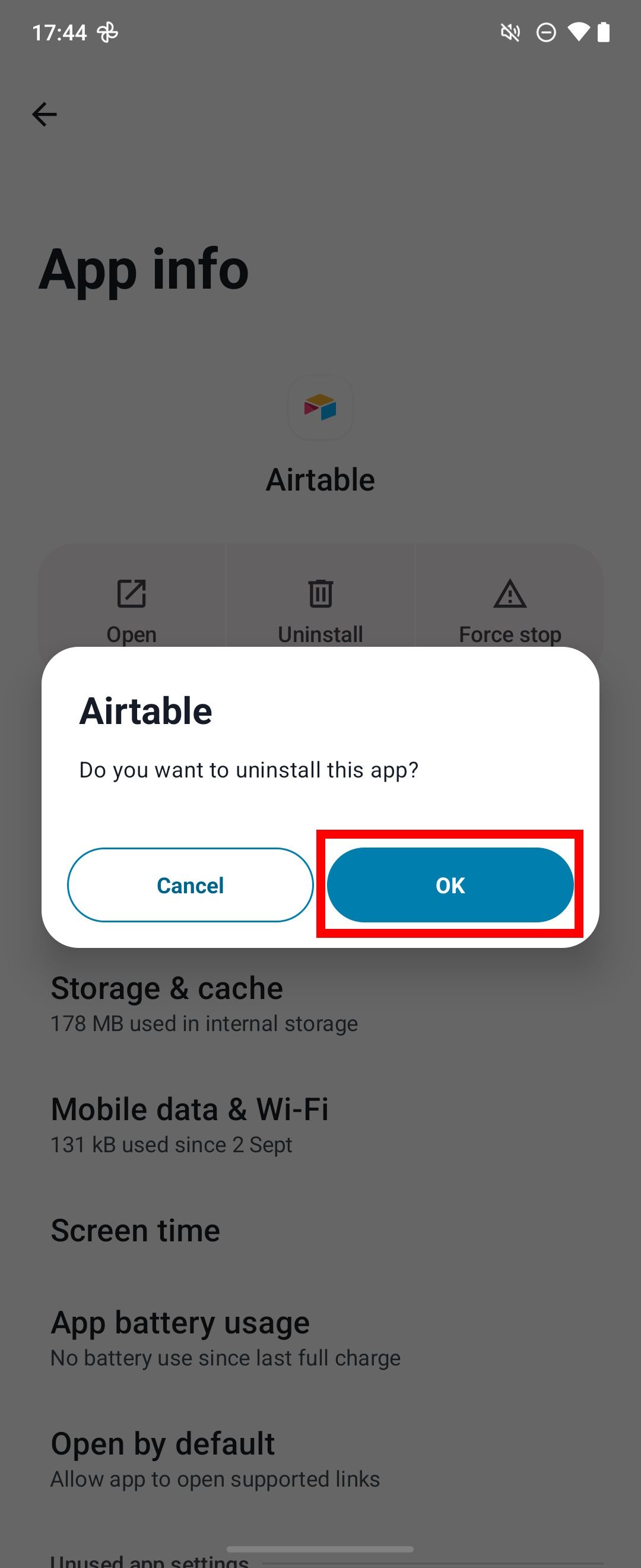 Red rectangle outline confirming with the OK response on the Uninstall option for AirTable