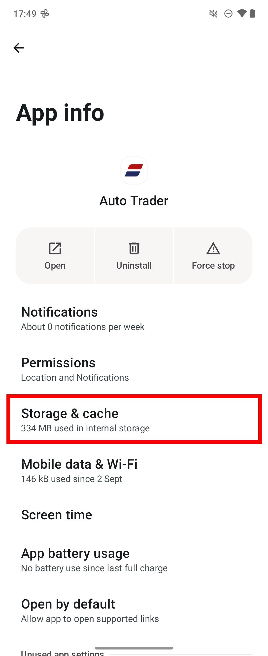 Red rectangle outline highlighting Storage & cache option in App info