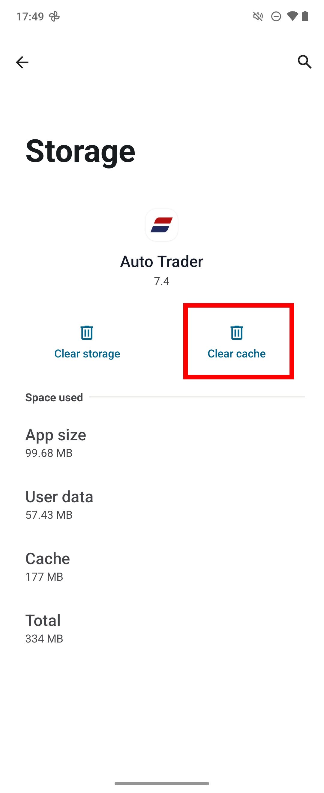 Red rectangle outline highlighting Clear cache option for the Auto Trader app