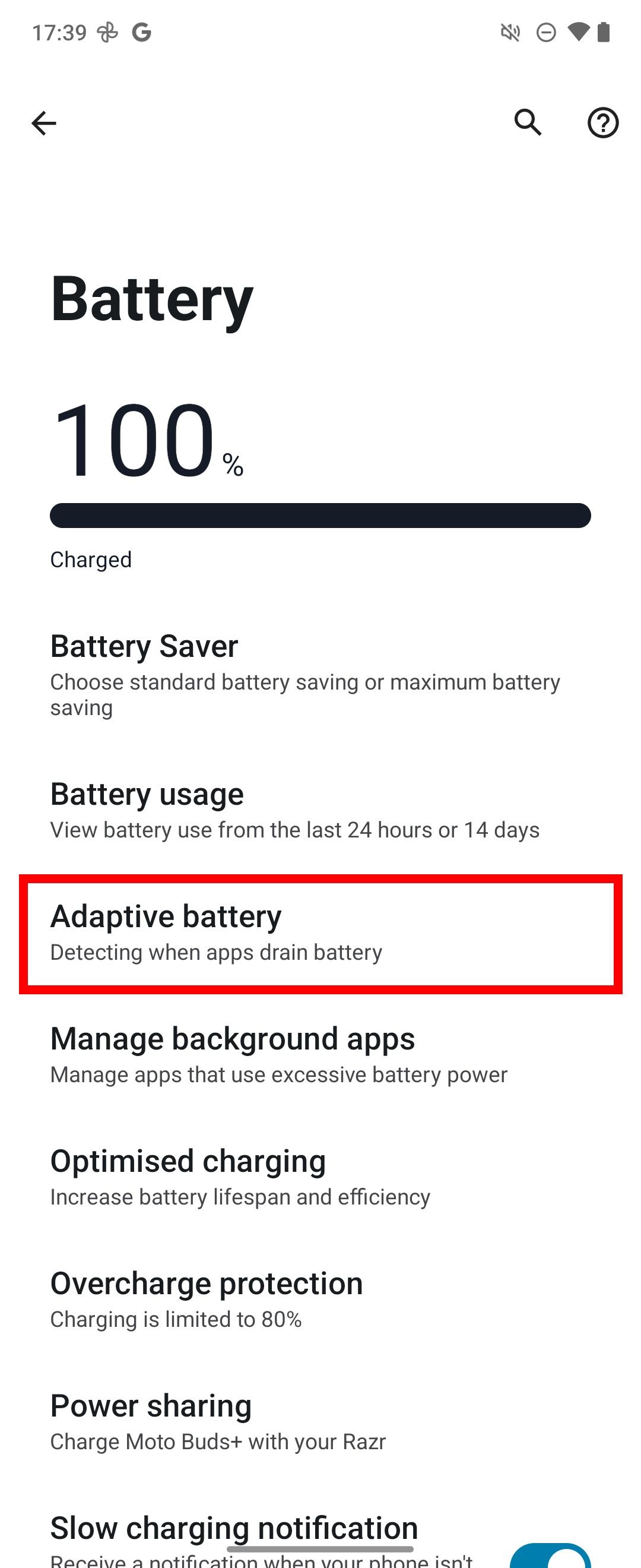 red rectangle outline highlighting Adaptive battery in the Battery menu on a Motorola Razr 2024