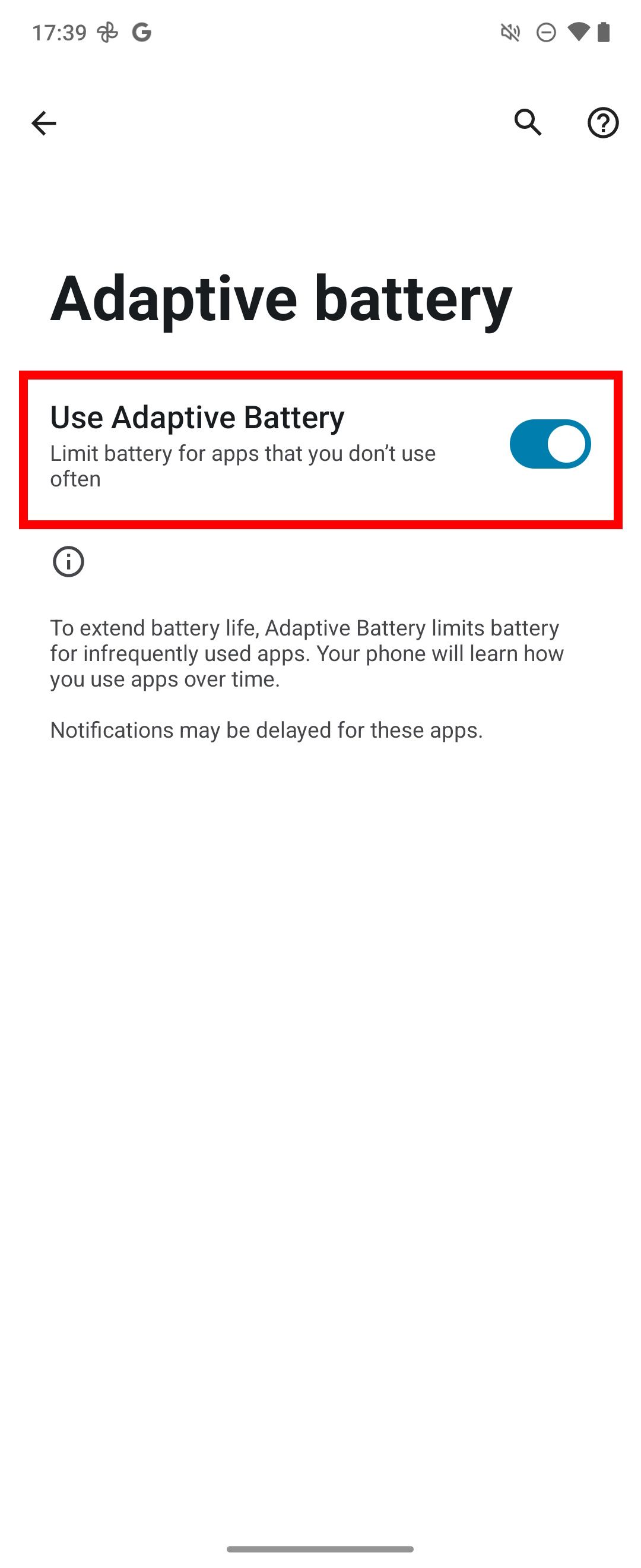 red rectangle outline highlighting Use Adaptive battery toggle in the Adaptive battery menu