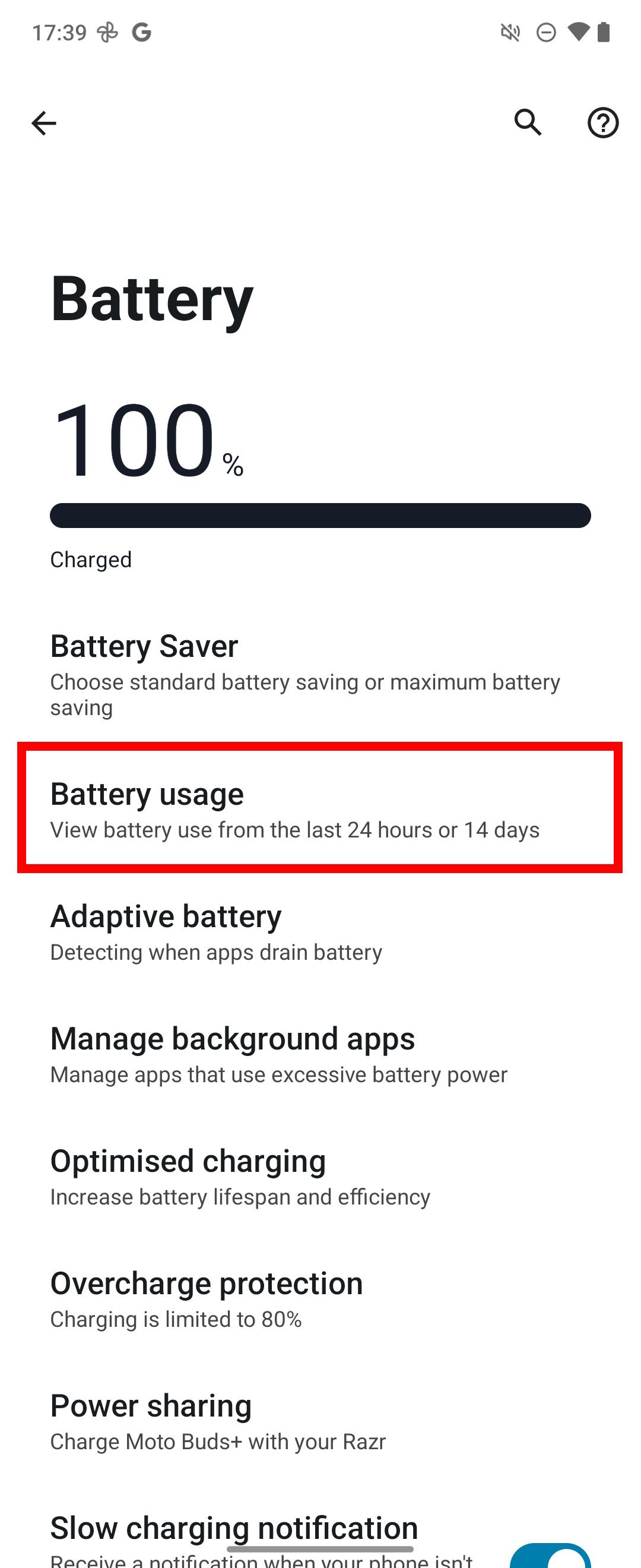 Red rectangle outline highlighting Battery usage in the battery menu