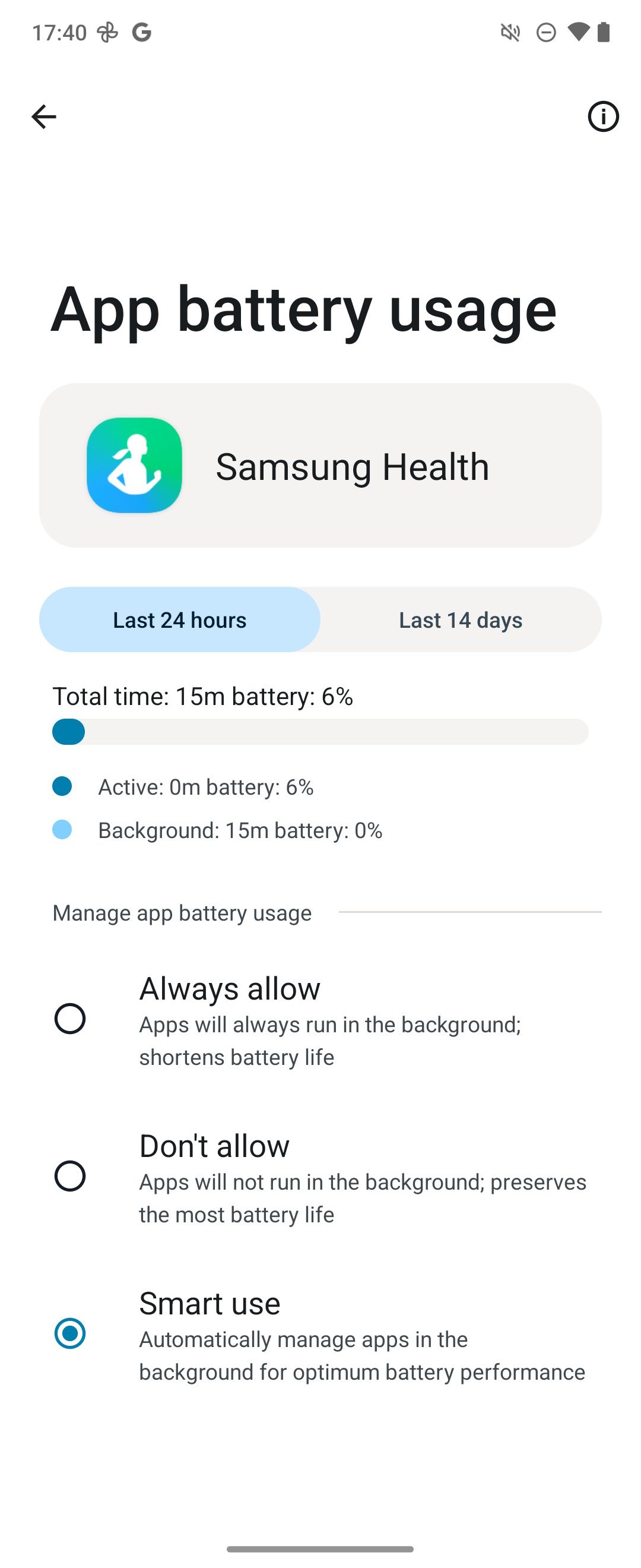 App Battery usage page showing the Samsung Health app with Manage app battery usage options