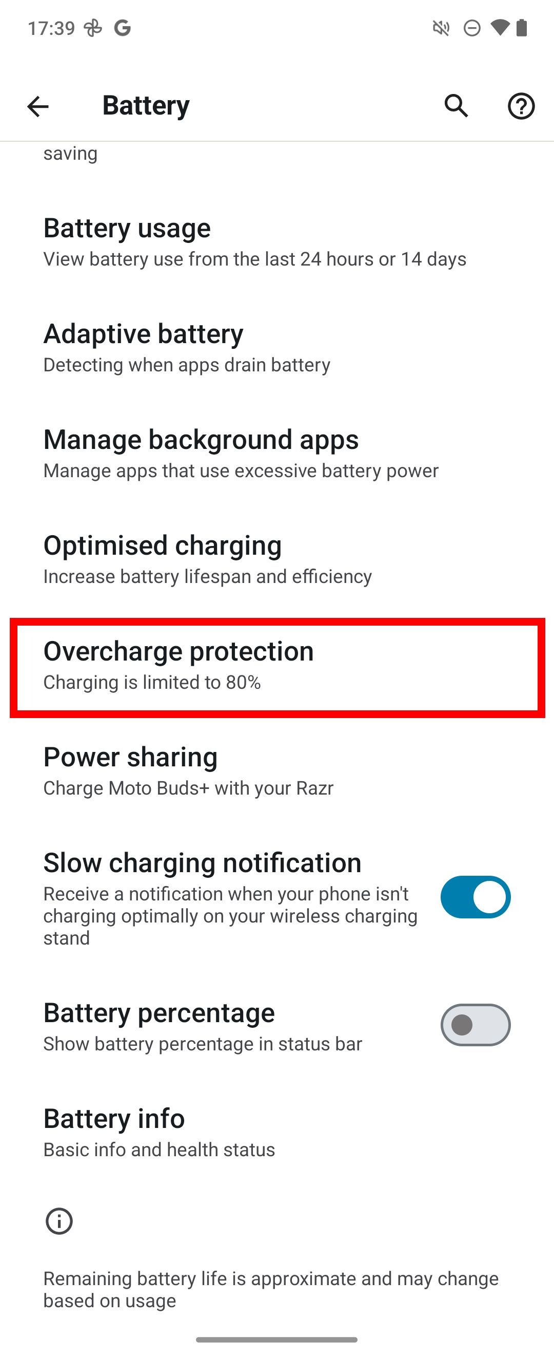 Red rectangle outline highlighting overcharge protection in battery menu