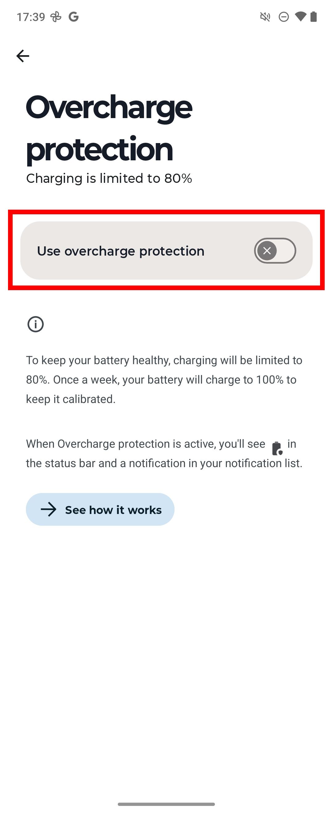 Red rectangle outline highlighting Use overcharge protection toggle in Overcharge protection menu