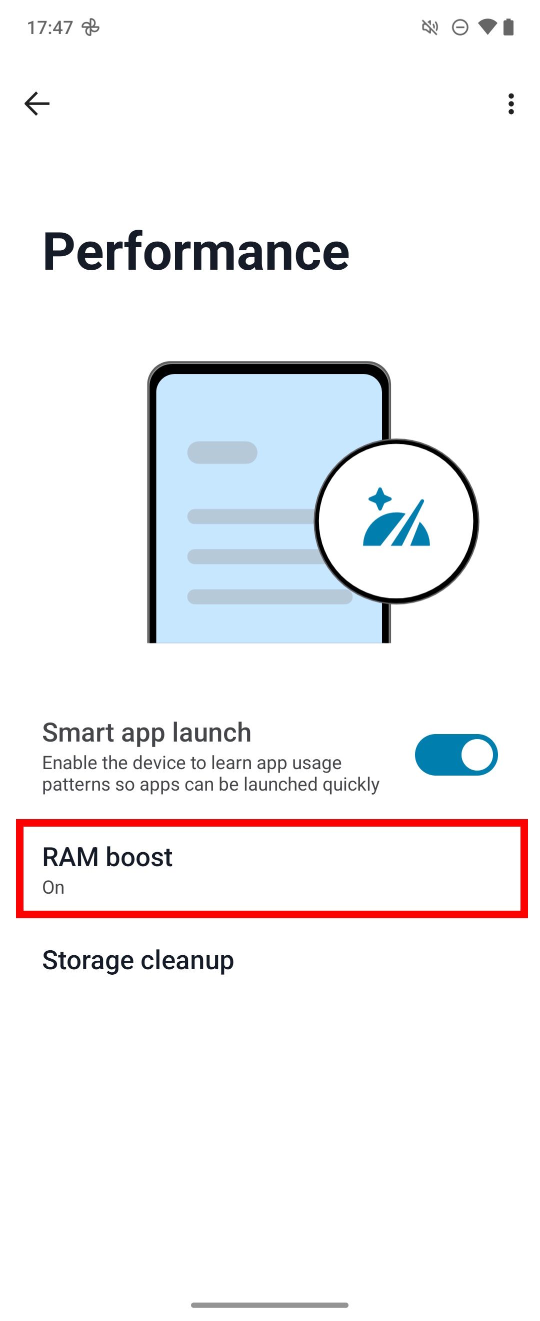 Red rectangle outline highlighting Ram boost in Performance menu