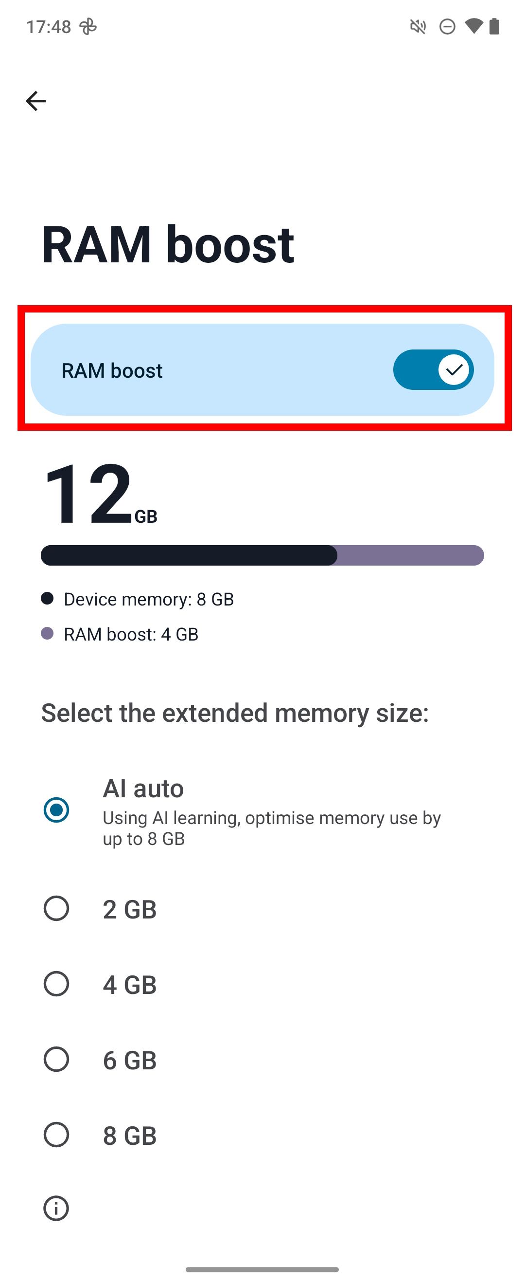 Red rectangle outline highlighting Ram boost toggle in Ram boost menu