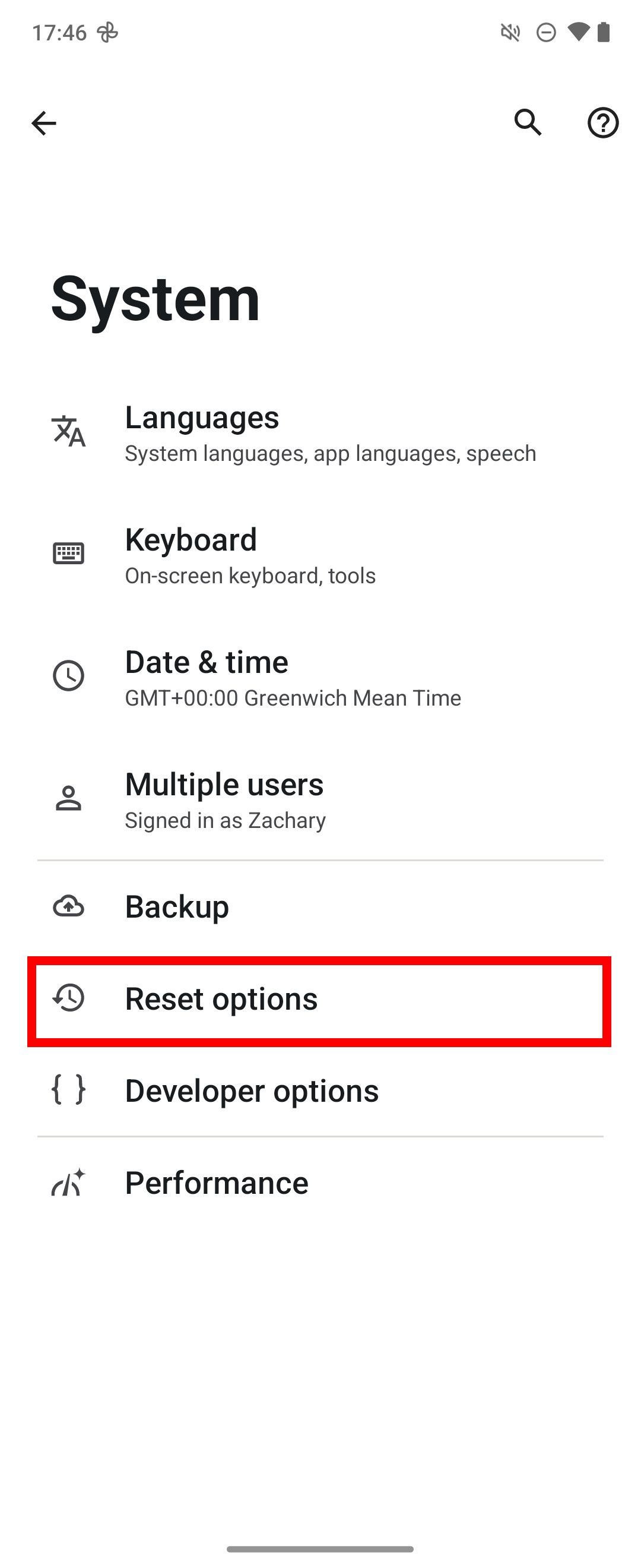 Red rectangle outline highlighting Reset options in System settings