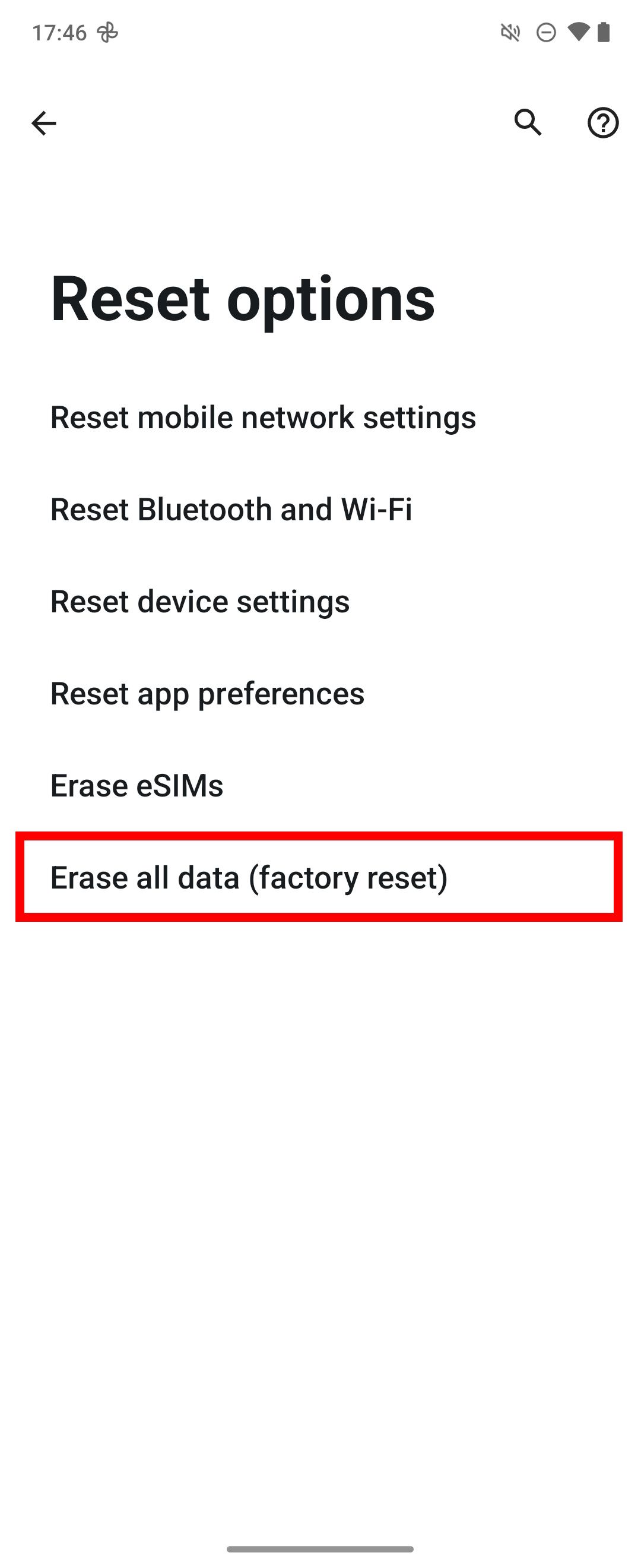 Red rectangle outline highlighting Erase all data (factory reset) in Reset options menu