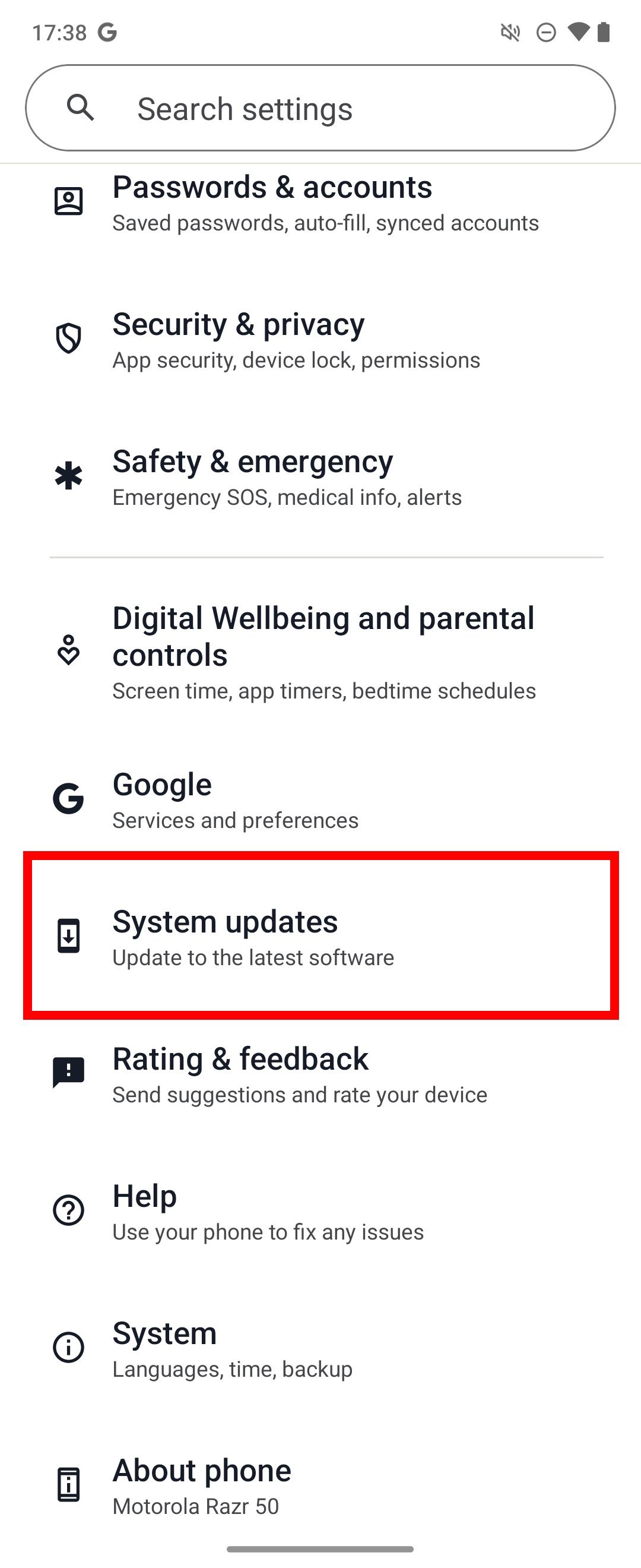 Red rectangle outline highlighting System updates in Moto settings