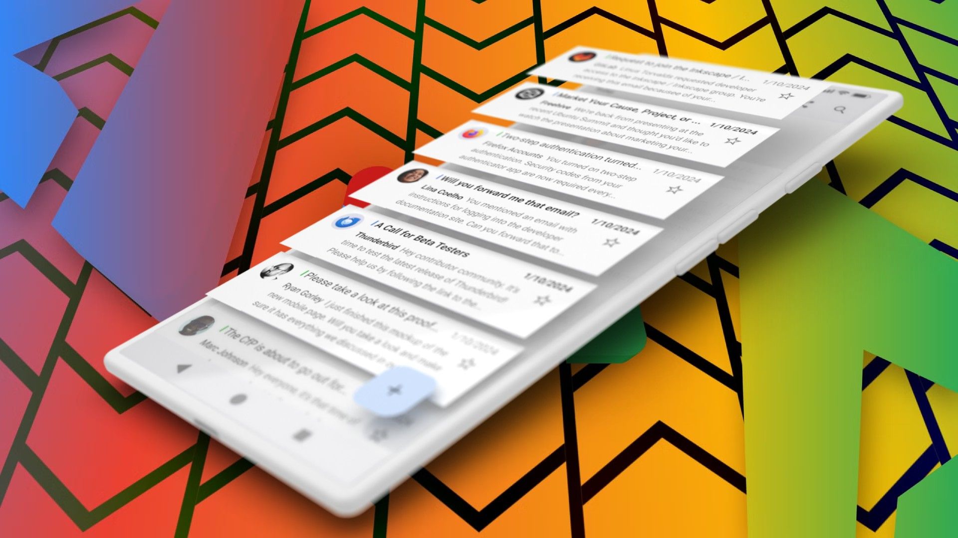 A stylized render of a phone obscuring the Gmail icon while running the Thunderbird email mobile client