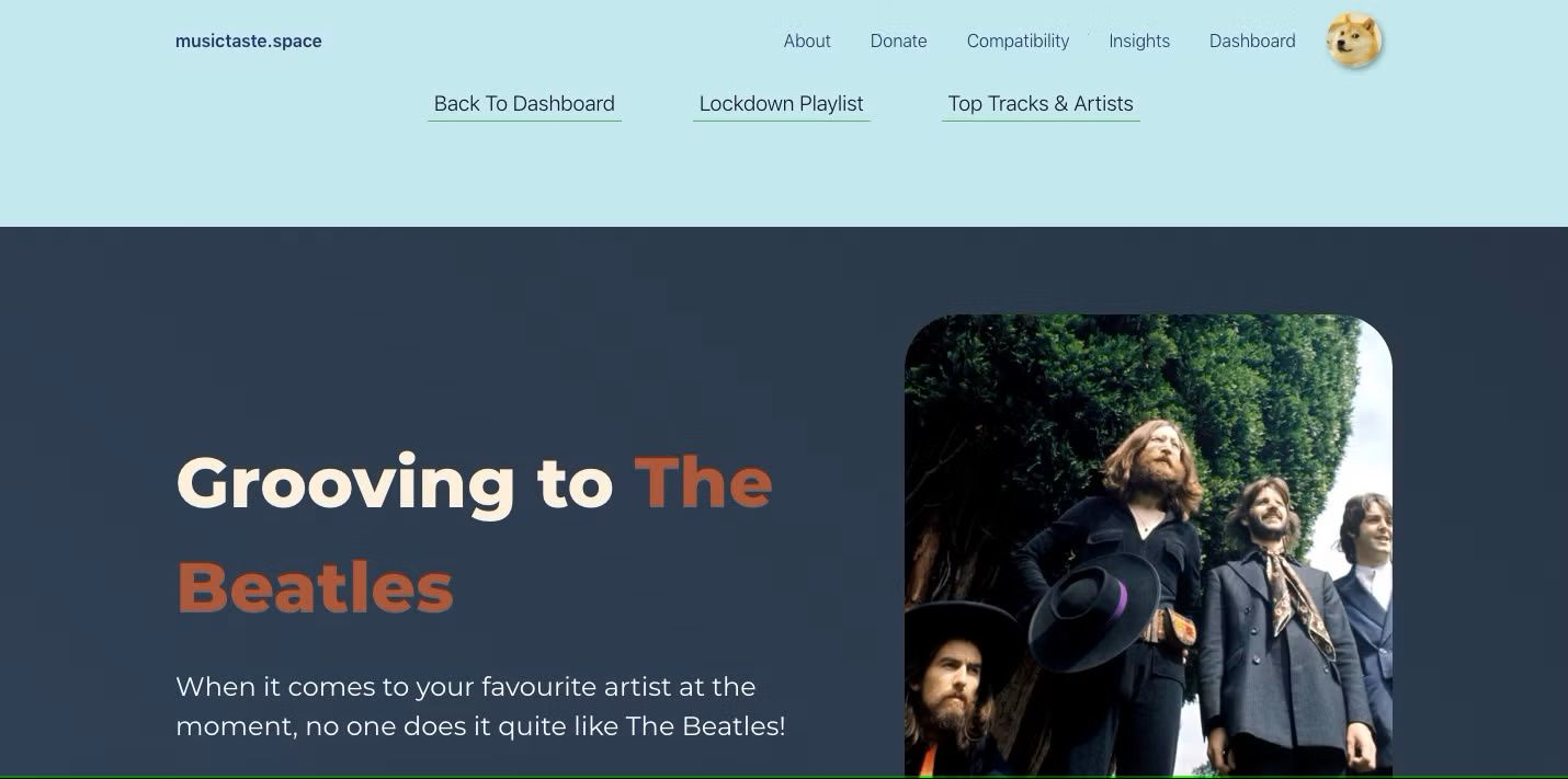Musictaste home page with grooving to the beatles showcased on the front page