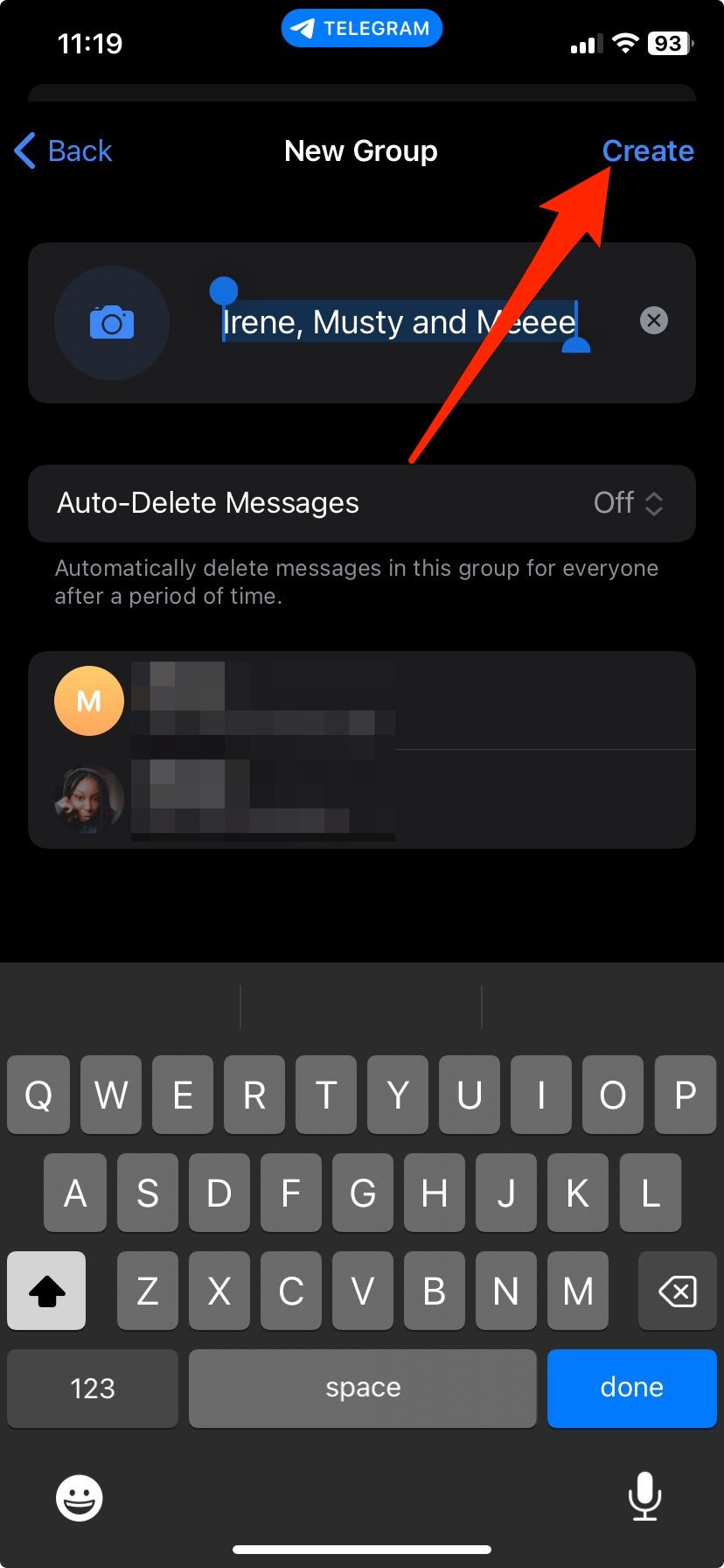 Naming a new group on Telegram iPhone app