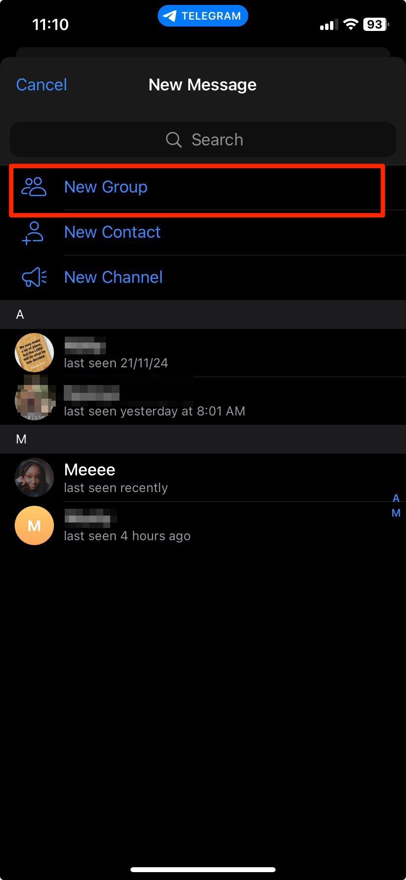 Options for creating a new group or channel or contact on Telegram iPhone app