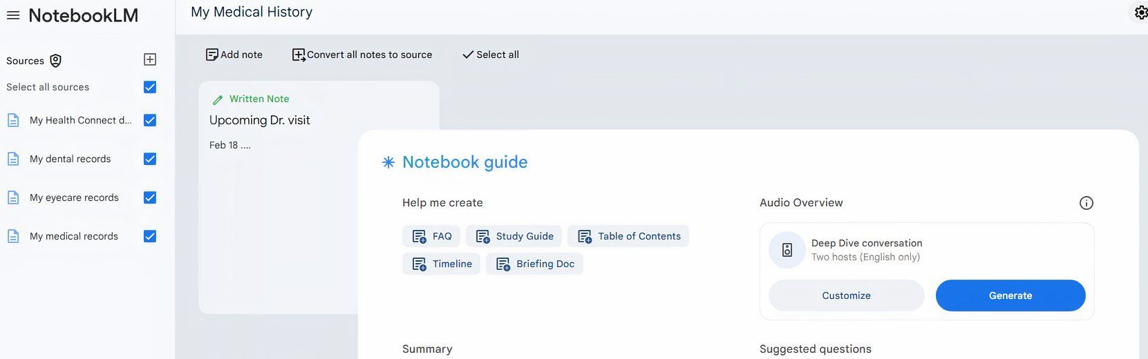 A mock-up of how NotebookLM could potentially manage lifelong medical data
