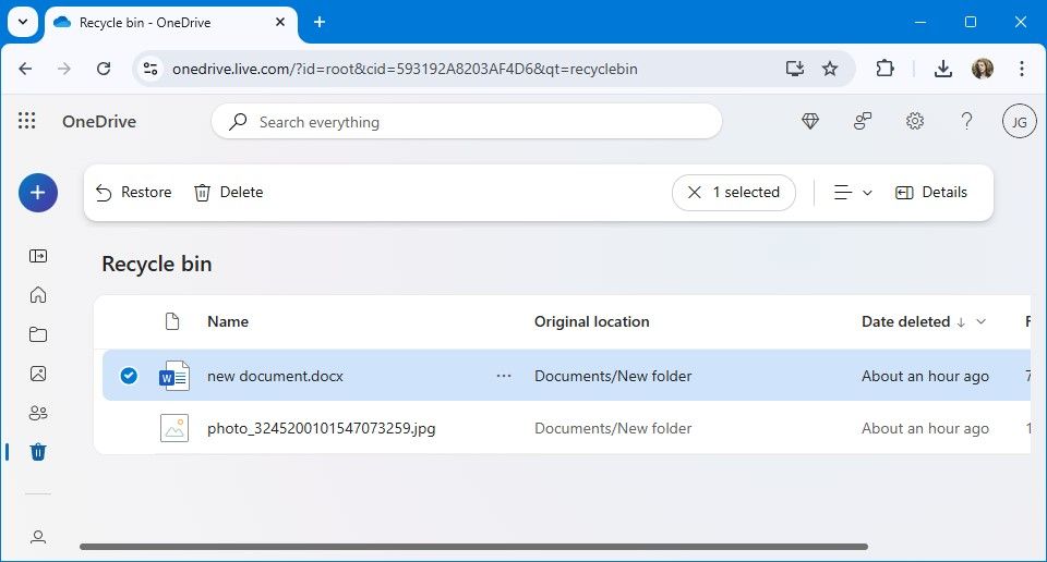 recycle bin in onedrive for browsers