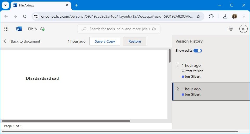 microsoft word version history in one drive
