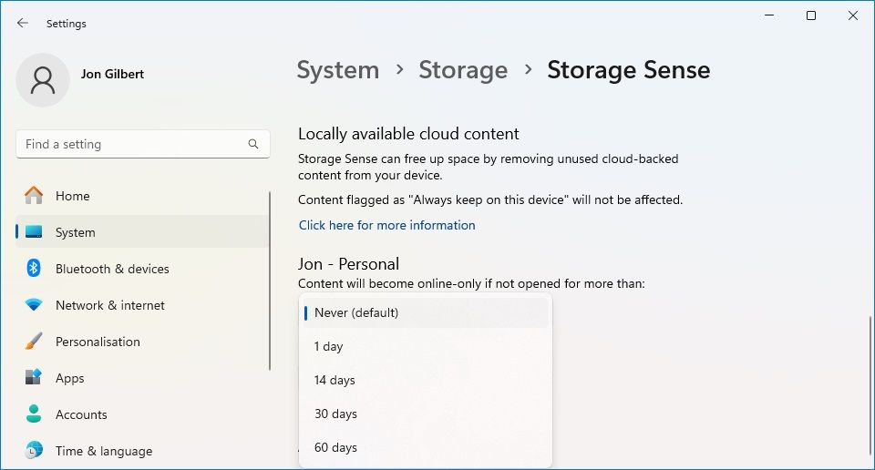 windows settings app showing storage sense options in drop-down menu