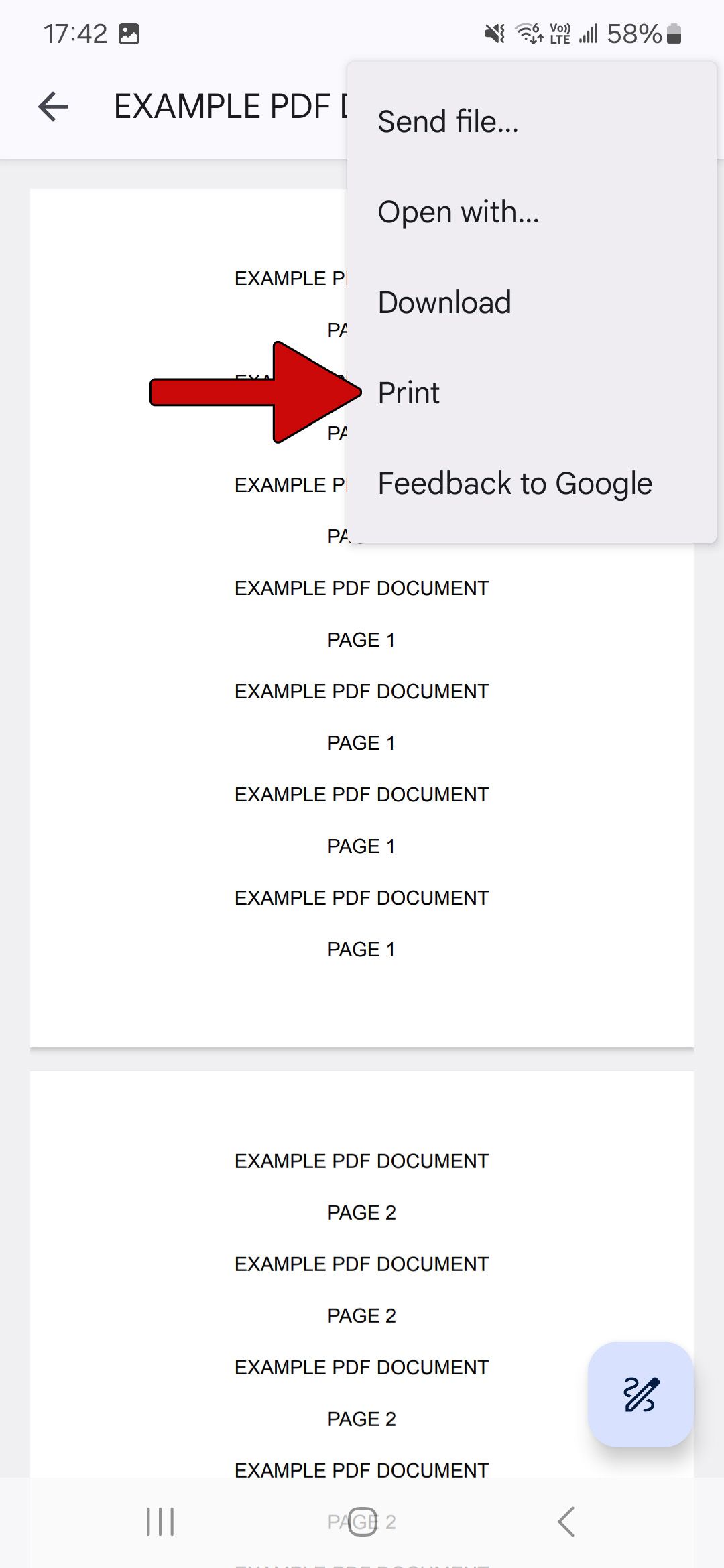 a document opened in google drive pdf viewer app with menu down and red arrow pointing at print button