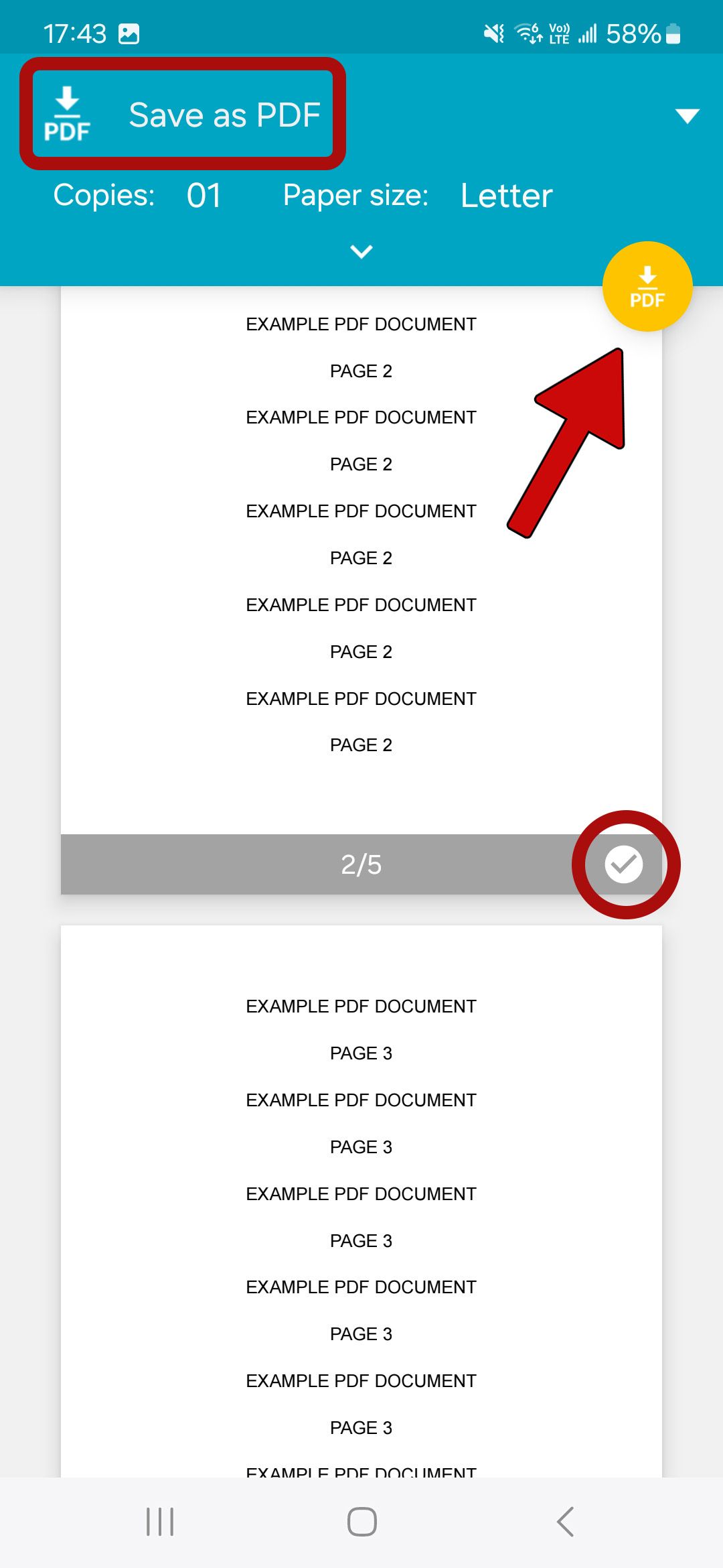 print preview in google drive pdf viewer app with red arrow pointing at PDF button encircled check mark and highlighted save as pdf option