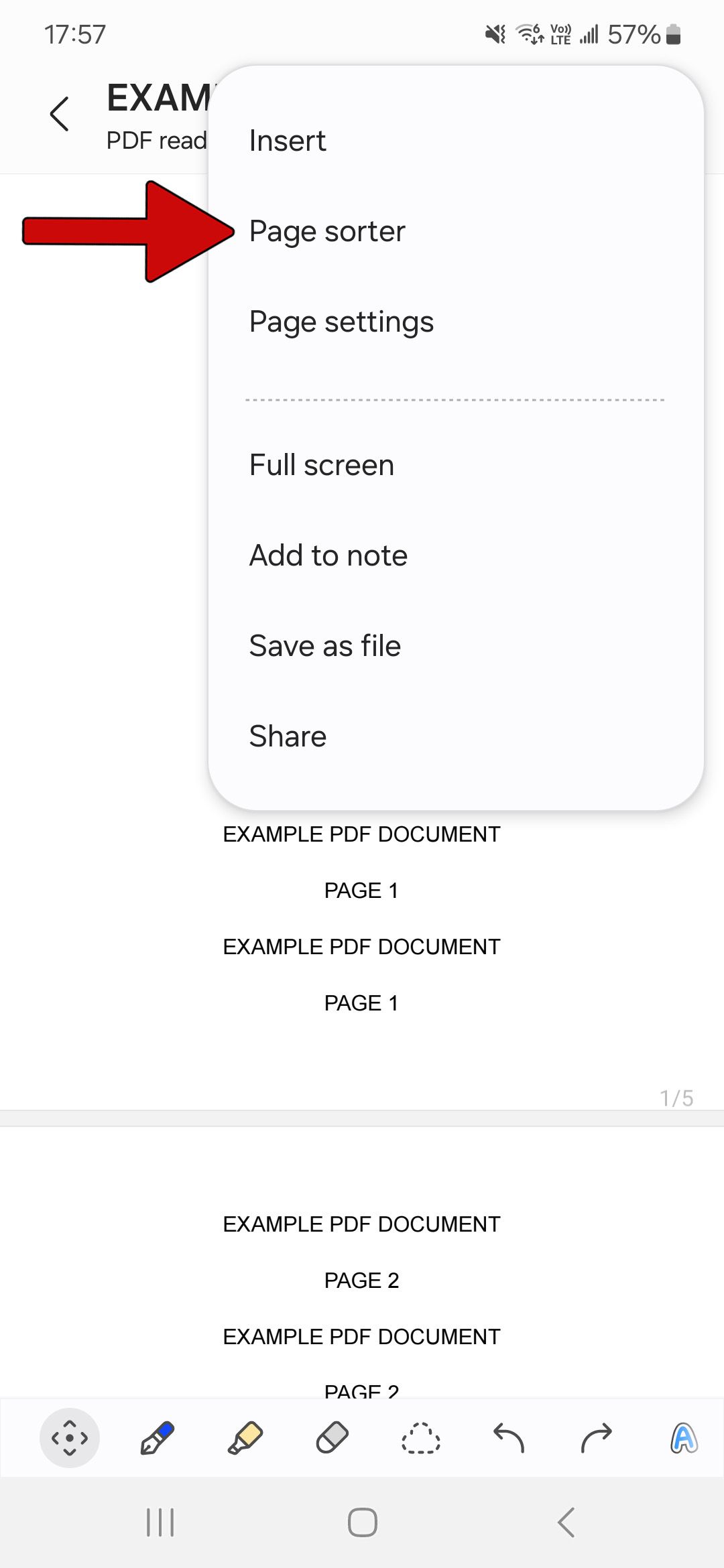 document opened in samsung notes app with red arrow pointing at page sorter button