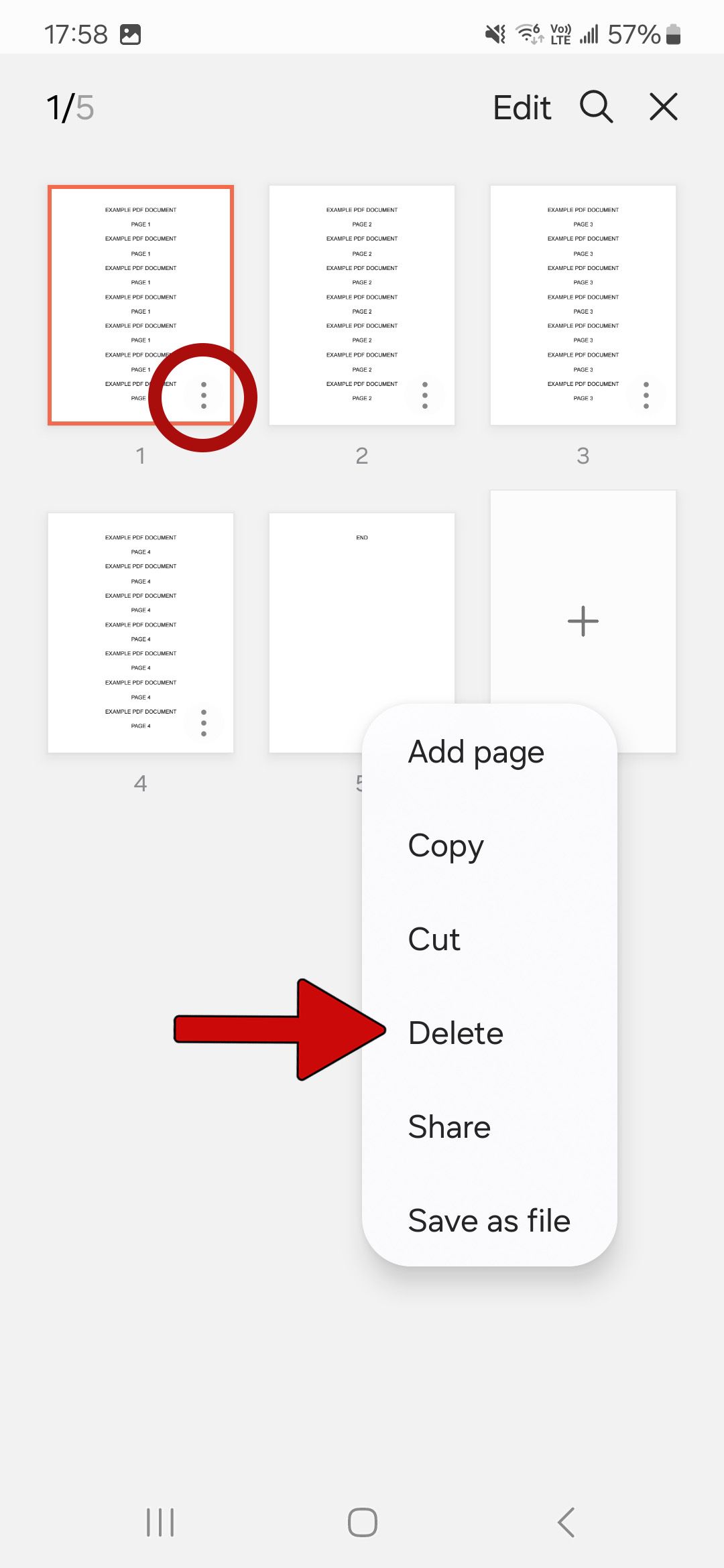 document overview in samsung notes app with red arrow pointing at delete button and menu button encircled