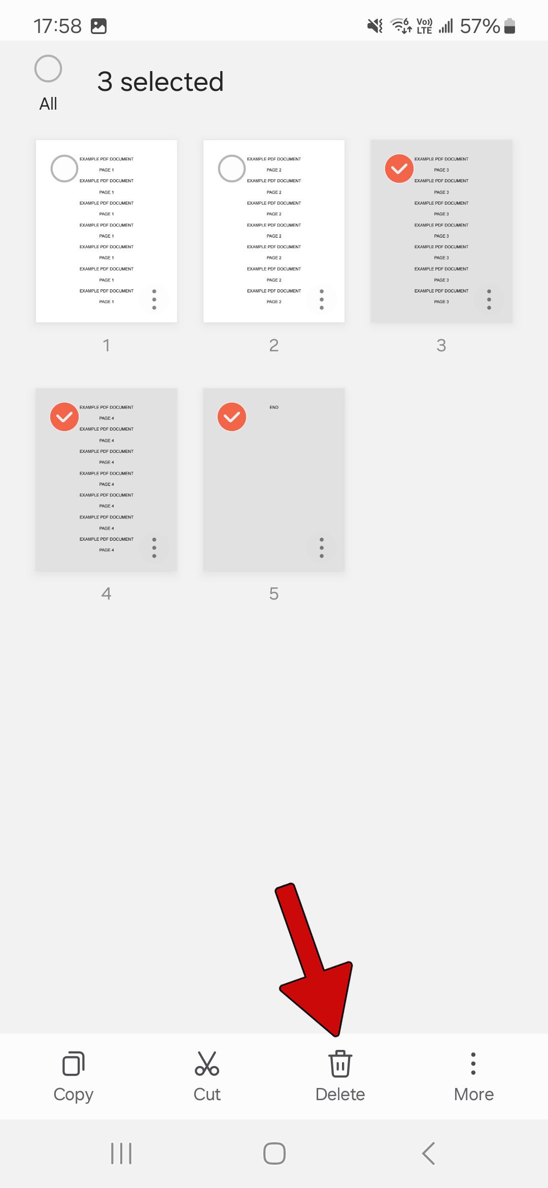 document overview in samsung notes app with red arrow pointing at delete button