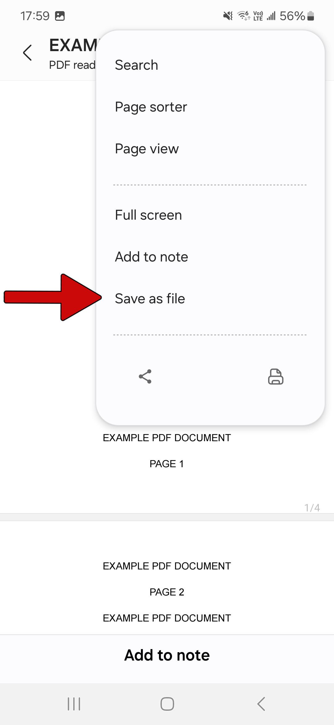 document opened in samsung notes app with red arrow pointing at save as file button