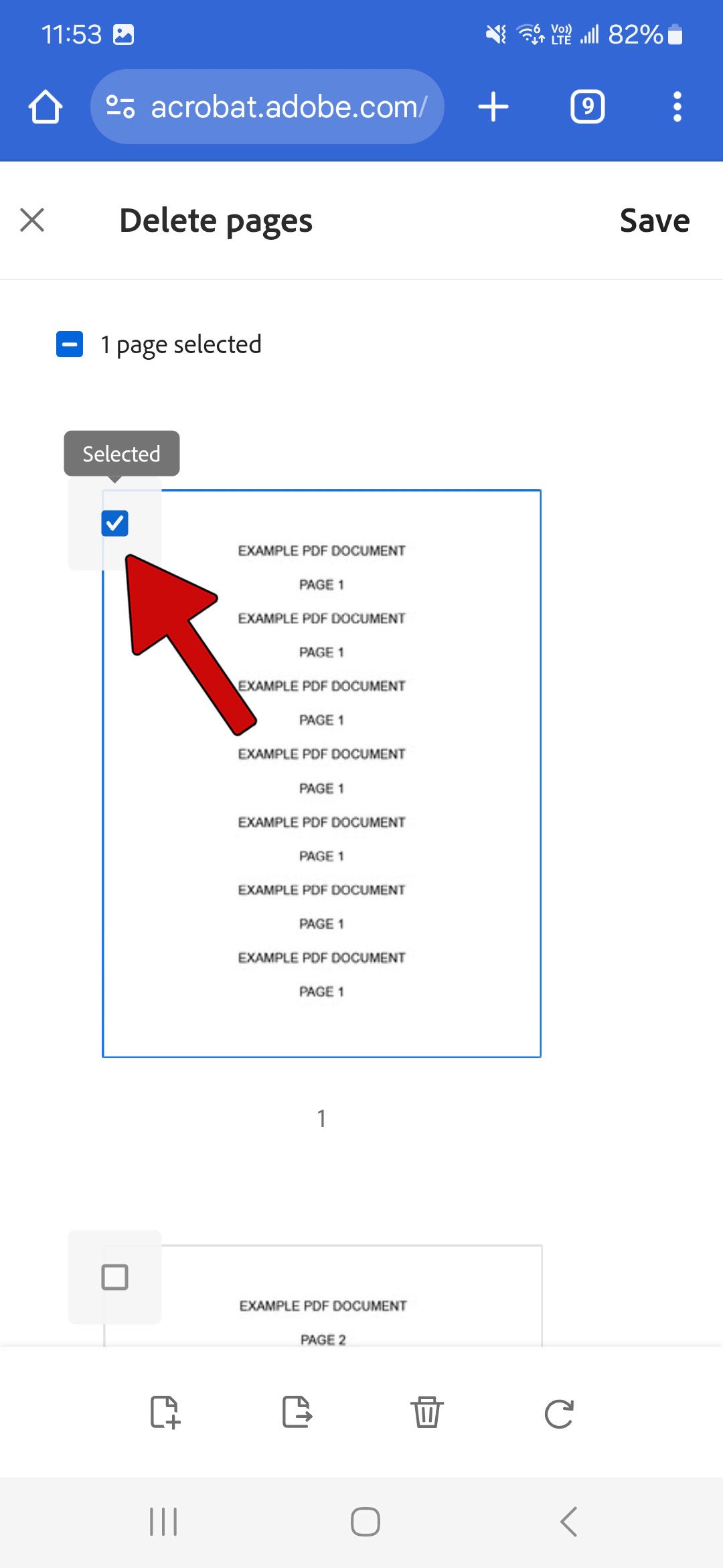 pdf document opened in adobe acrobat online tool with a page selected and red arrow pointing at the checkmark