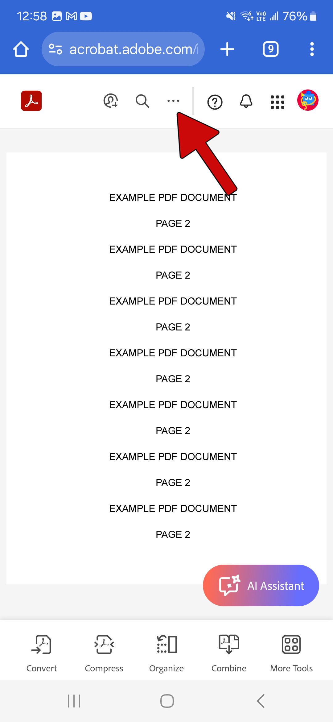 example pdf document in adobe acrobat with red arrow pointing at overflow menu button