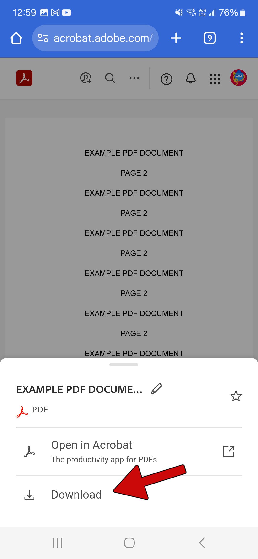 download menu in adobe acrobat online tool with red arrow pointing at download button