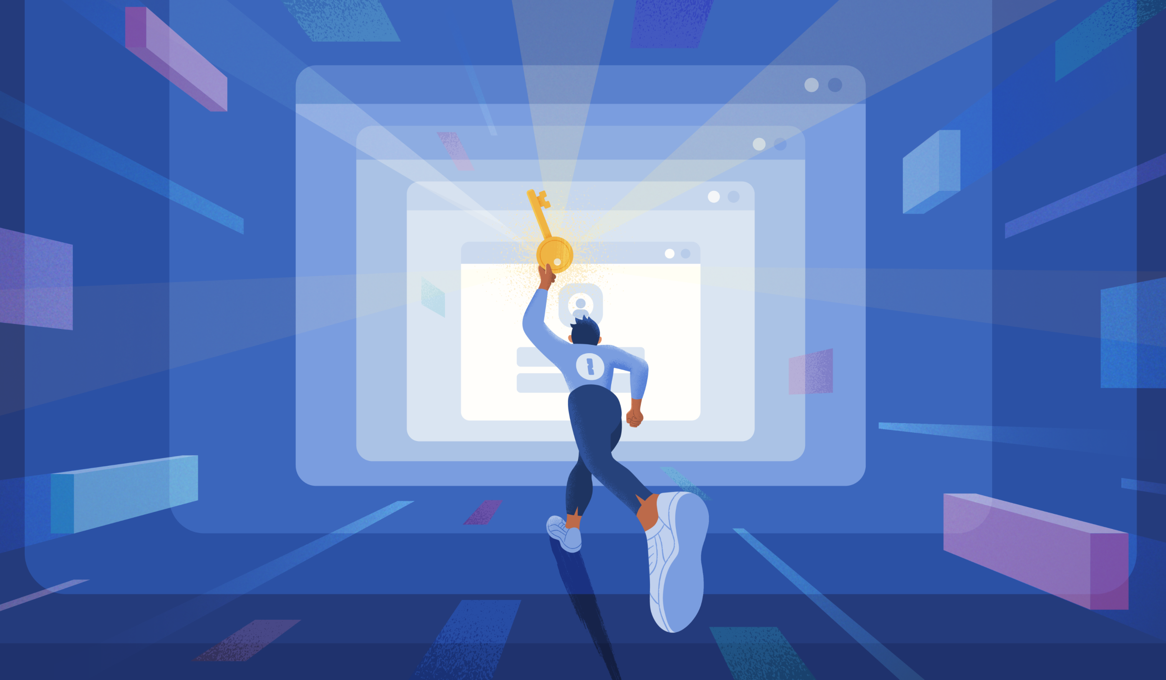 An illustrated runner sprinting into the horizon holding a giant key above their head